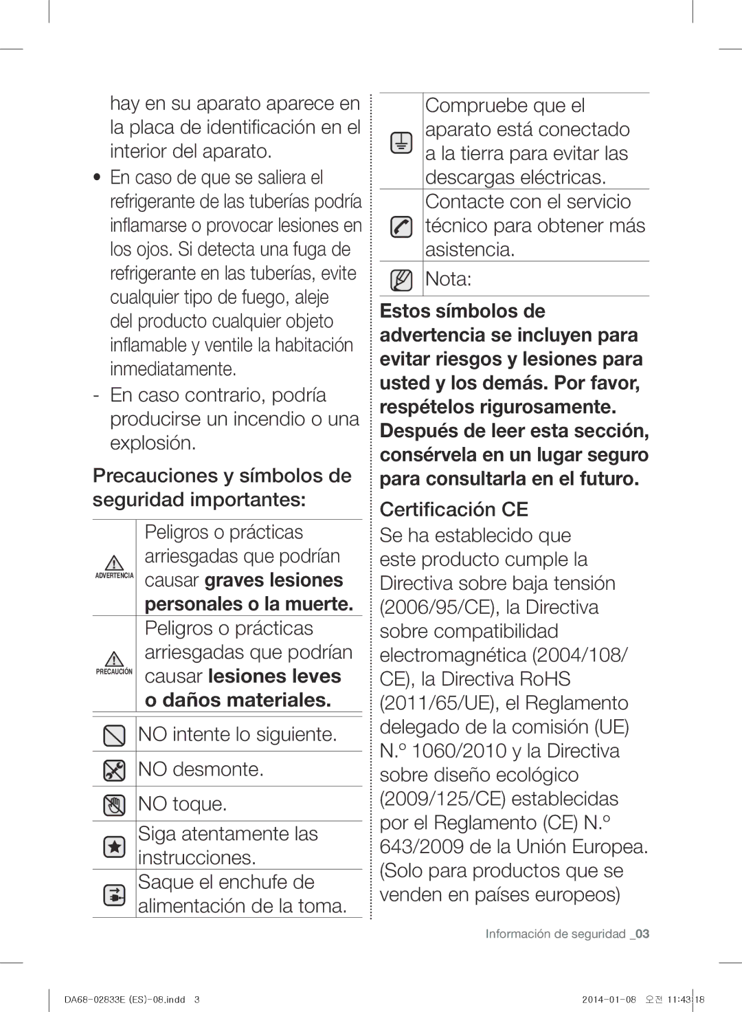 Samsung RB31FSRNDSA/EF, RB31HER2BSA/EF, RB31FEJNCSS/EF, RB31FERNCWW/EF, RB31FEJNDWW/EF, RB31FSRNDSS/EF Causar graves lesiones 