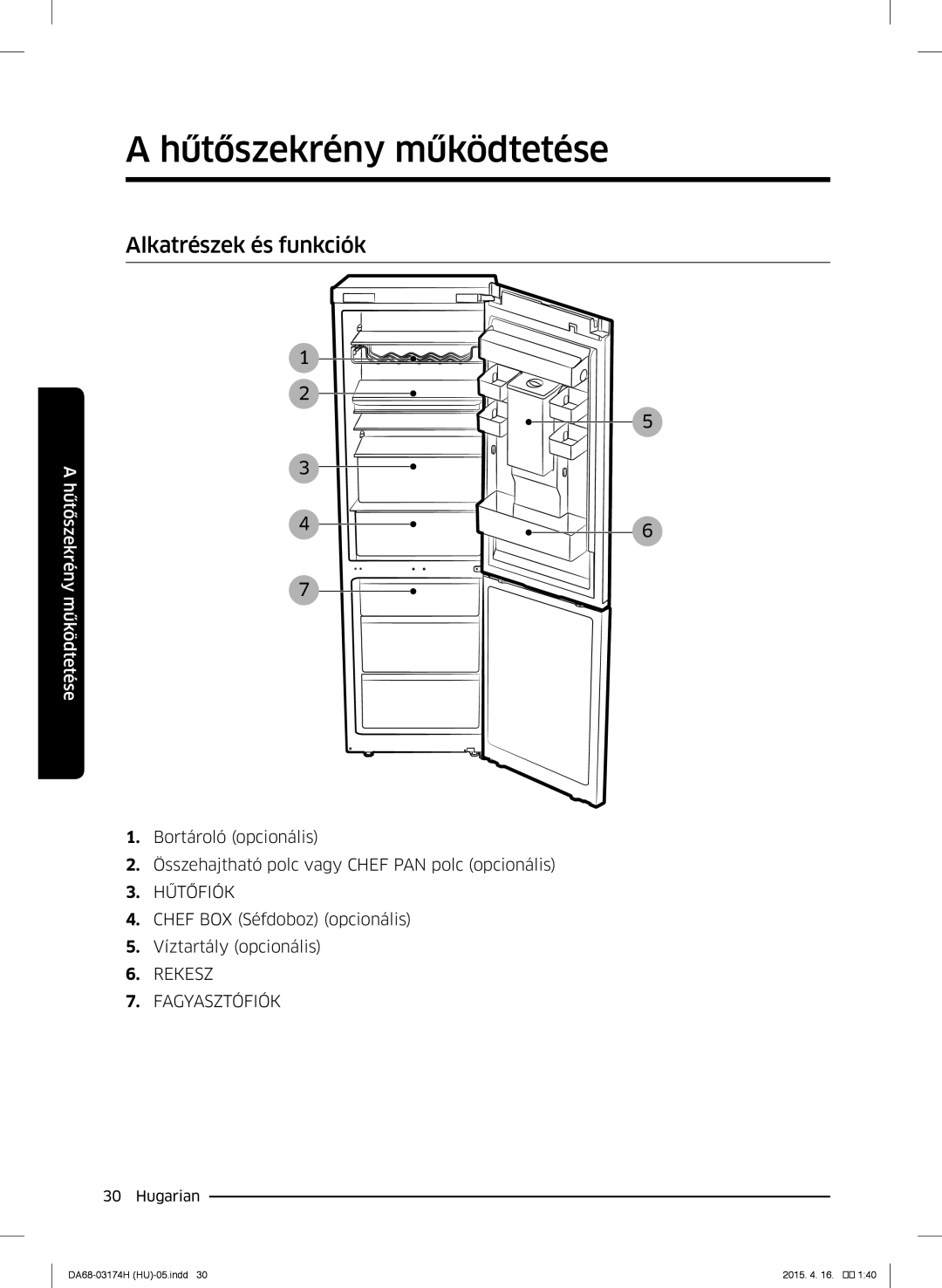 Samsung RB33J3830SA/EF, RB37J5925SS/EF, RB33J3030SA/EF, RB33J3030WW/EF manual Alkatrészek és funkciók, Rekesz Fagyasztófiók 