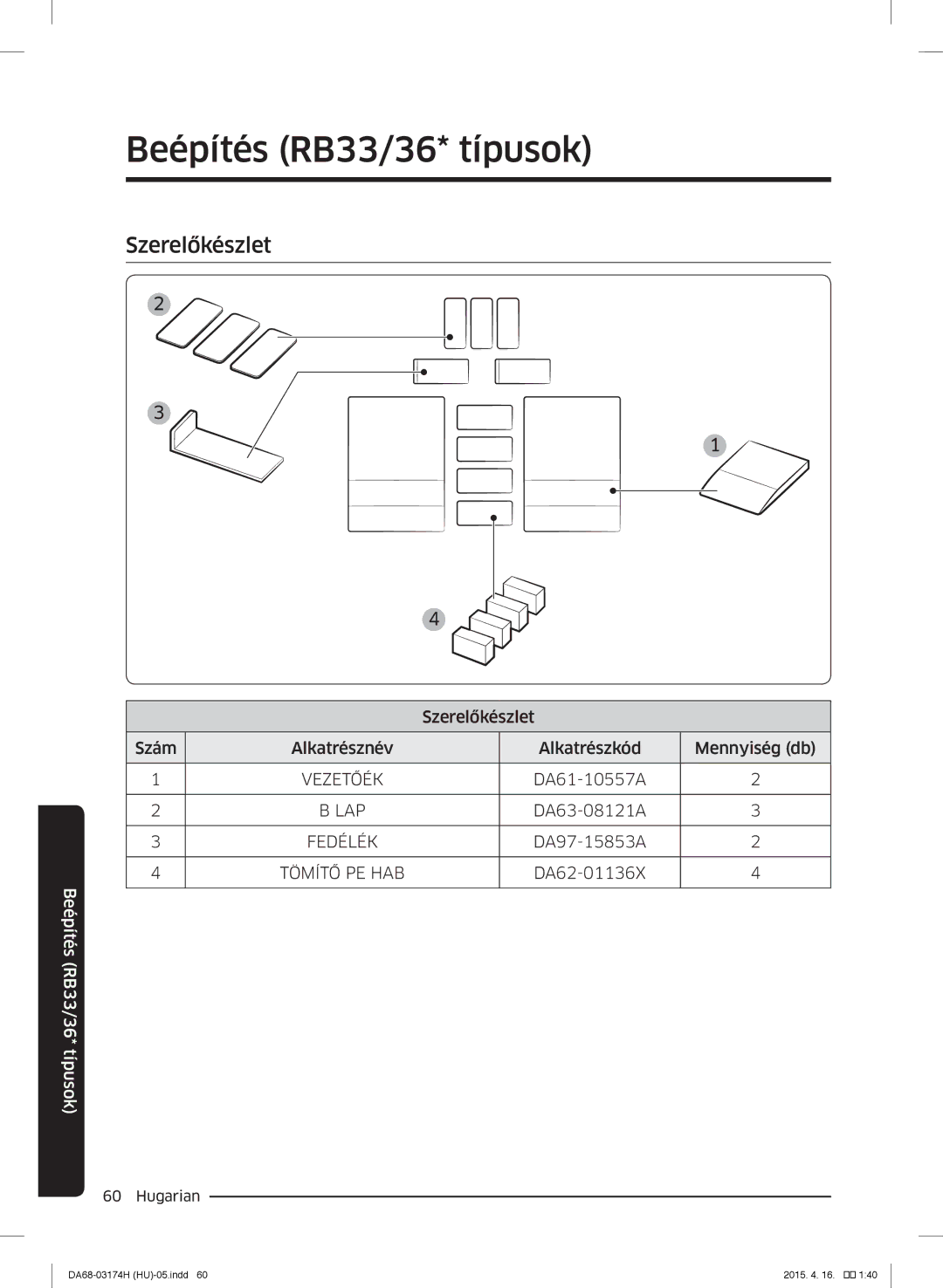 Samsung RB33J3830SA/EF, RB37J5925SS/EF, RB33J3030SA/EF, RB33J3030WW/EF manual Beépítés RB33/36* típusok, Szerelőkészlet 