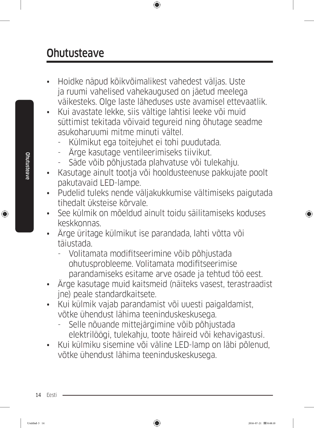 Samsung RB34K6232SS/EF, RB34K6032SS/EF, RB37K63611L/EF, RB37K63632C/EF manual Ohutusteave 