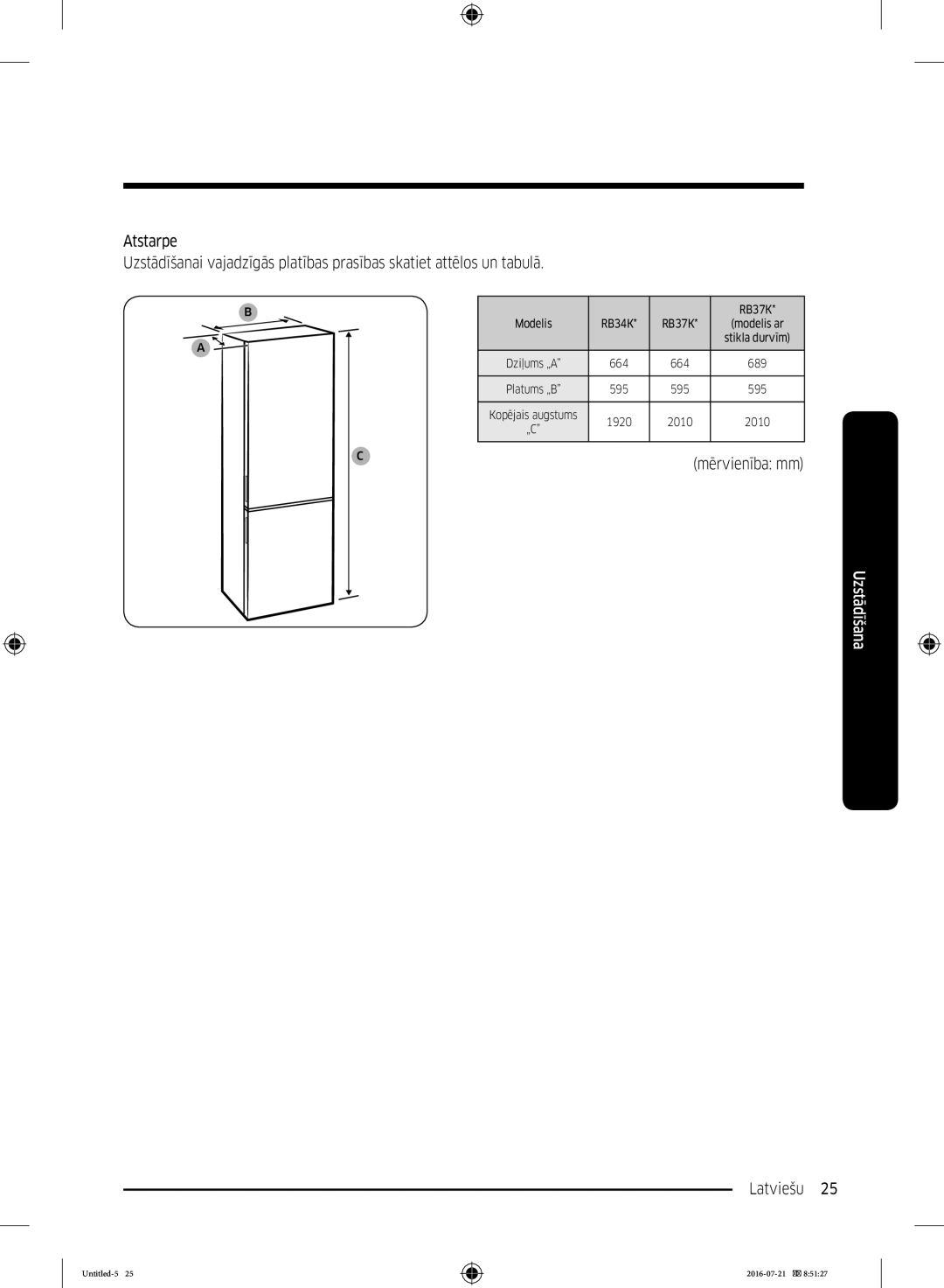 Samsung RB37K63611L/EF, RB34K6032SS/EF, RB34K6232SS/EF, RB37K63632C/EF manual Mērvienība mm 