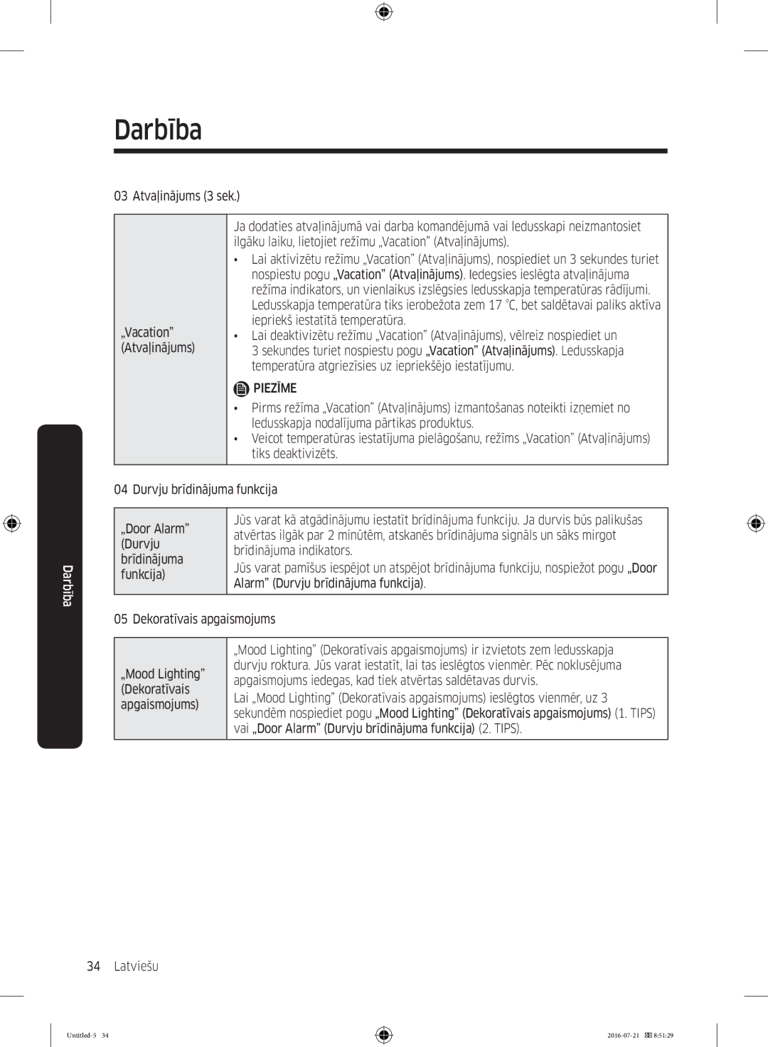 Samsung RB34K6232SS/EF manual Durvju brīdinājuma funkcija „Door Alarm, Brīdinājuma indikators, Funkcija, Apgaismojums, Tips 