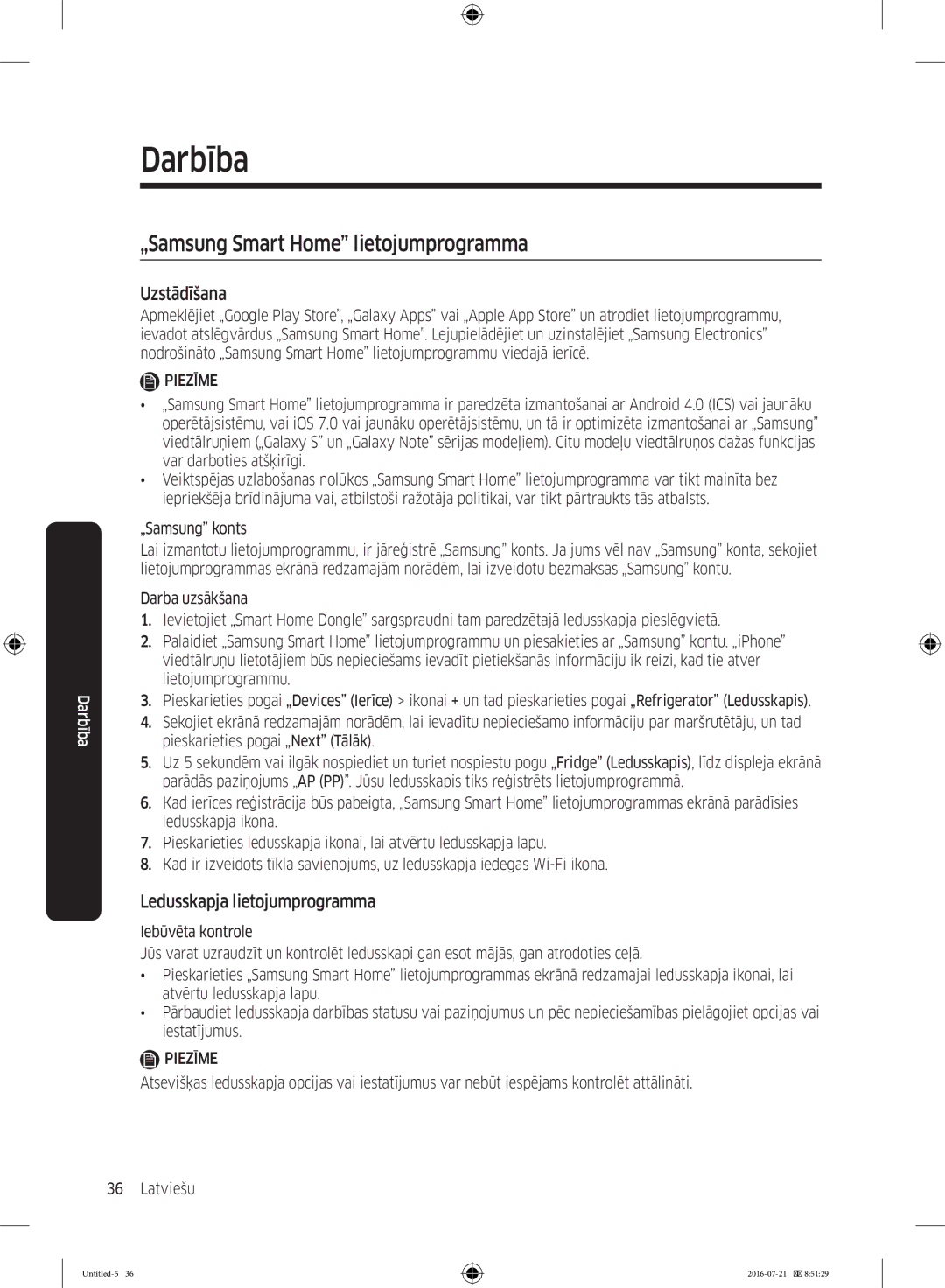 Samsung RB34K6032SS/EF manual „Samsung Smart Home lietojumprogramma, Ledusskapja lietojumprogramma, „Samsung konts 