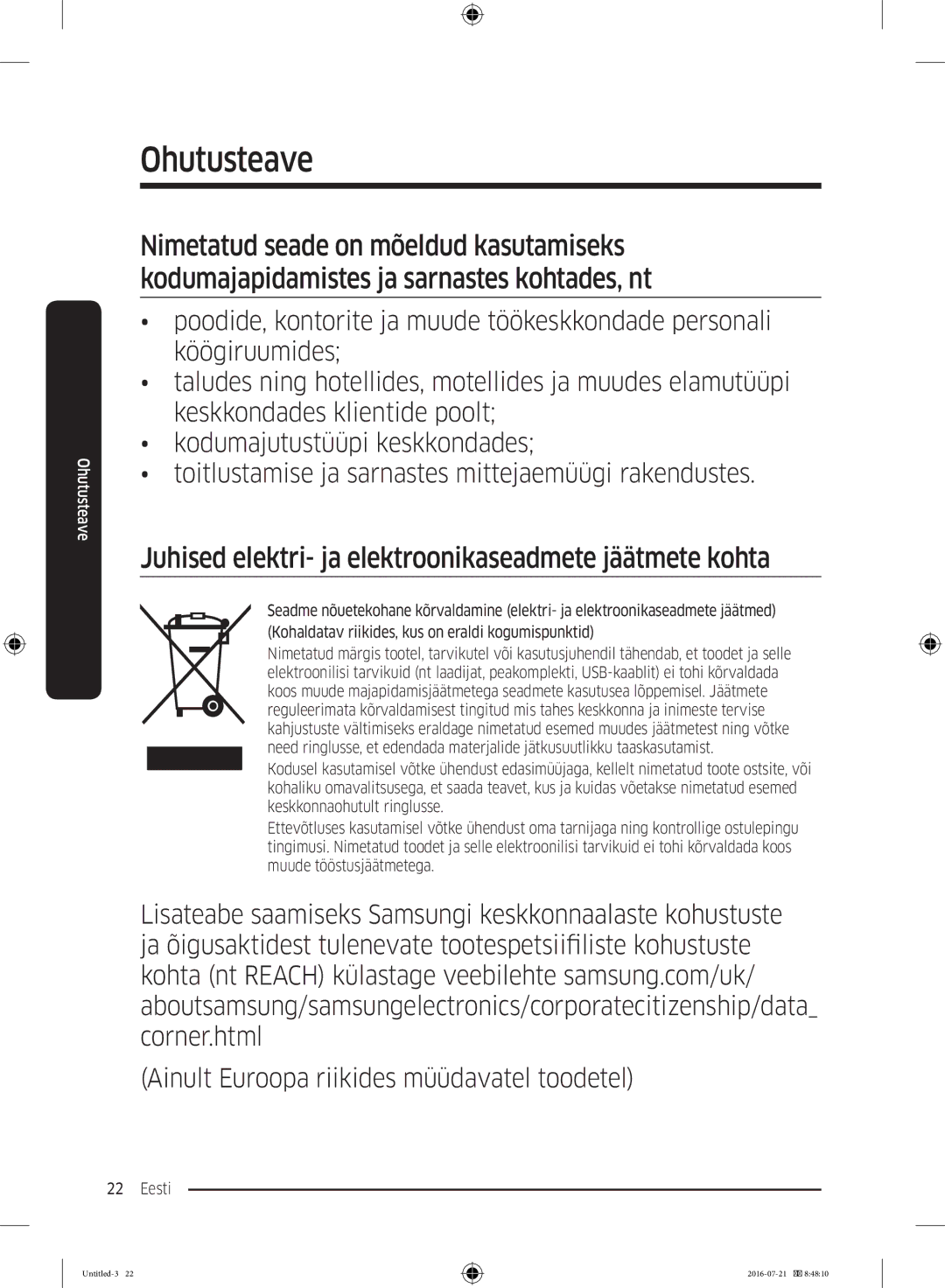 Samsung RB34K6232SS/EF, RB34K6032SS/EF, RB37K63611L/EF manual Juhised elektri- ja elektroonikaseadmete jäätmete kohta 