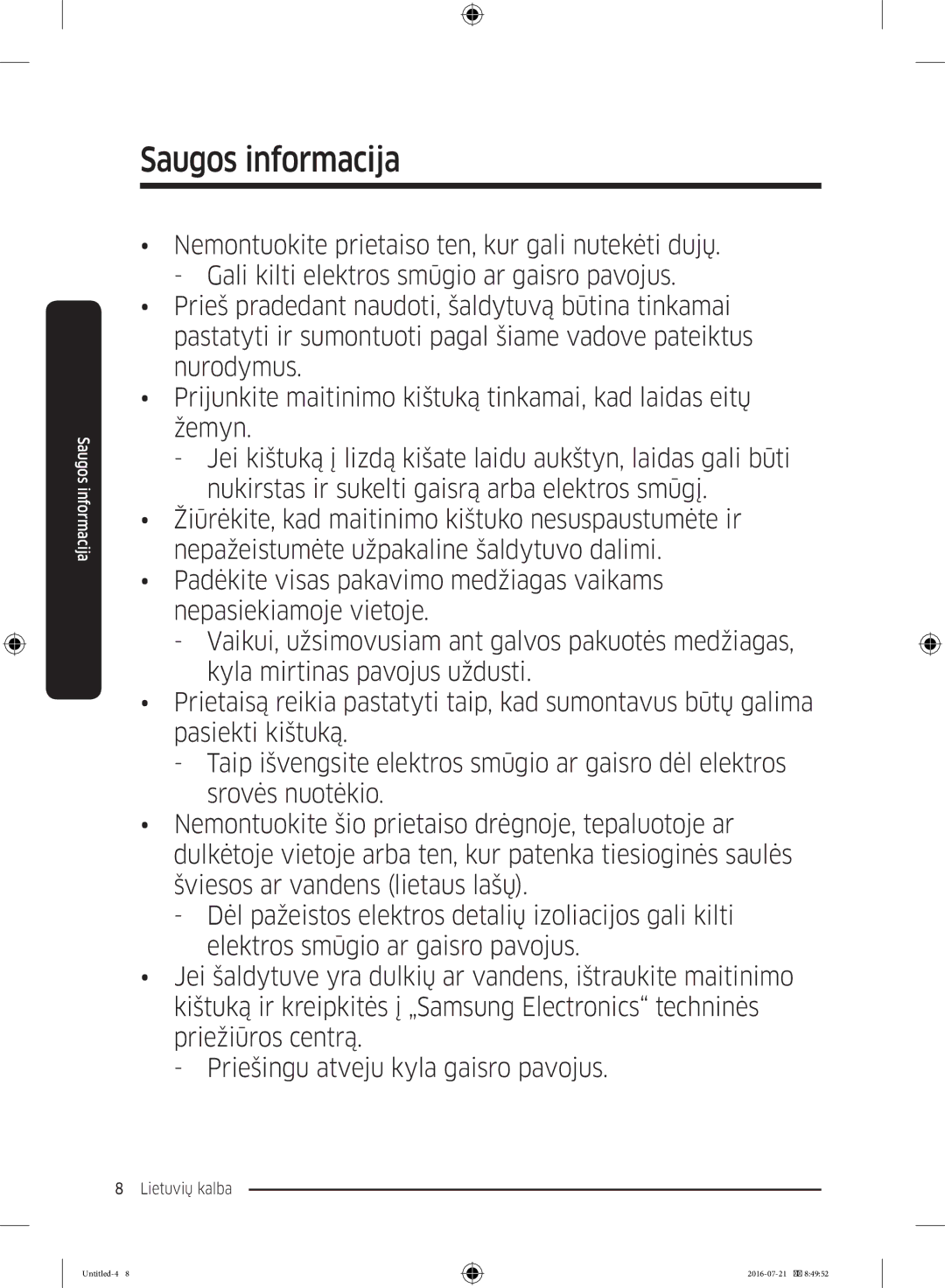 Samsung RB34K6032SS/EF, RB37K63611L/EF, RB34K6232SS/EF, RB37K63632C/EF manual Saugos informacija 