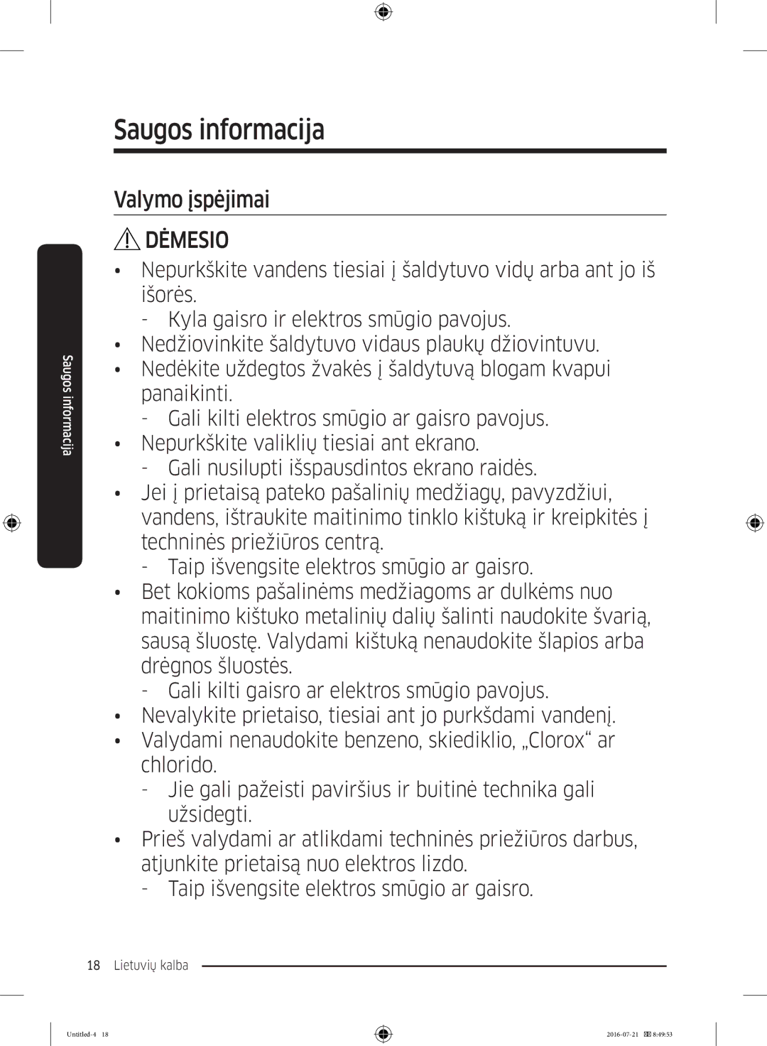 Samsung RB34K6232SS/EF, RB34K6032SS/EF, RB37K63611L/EF, RB37K63632C/EF manual Valymo įspėjimai 