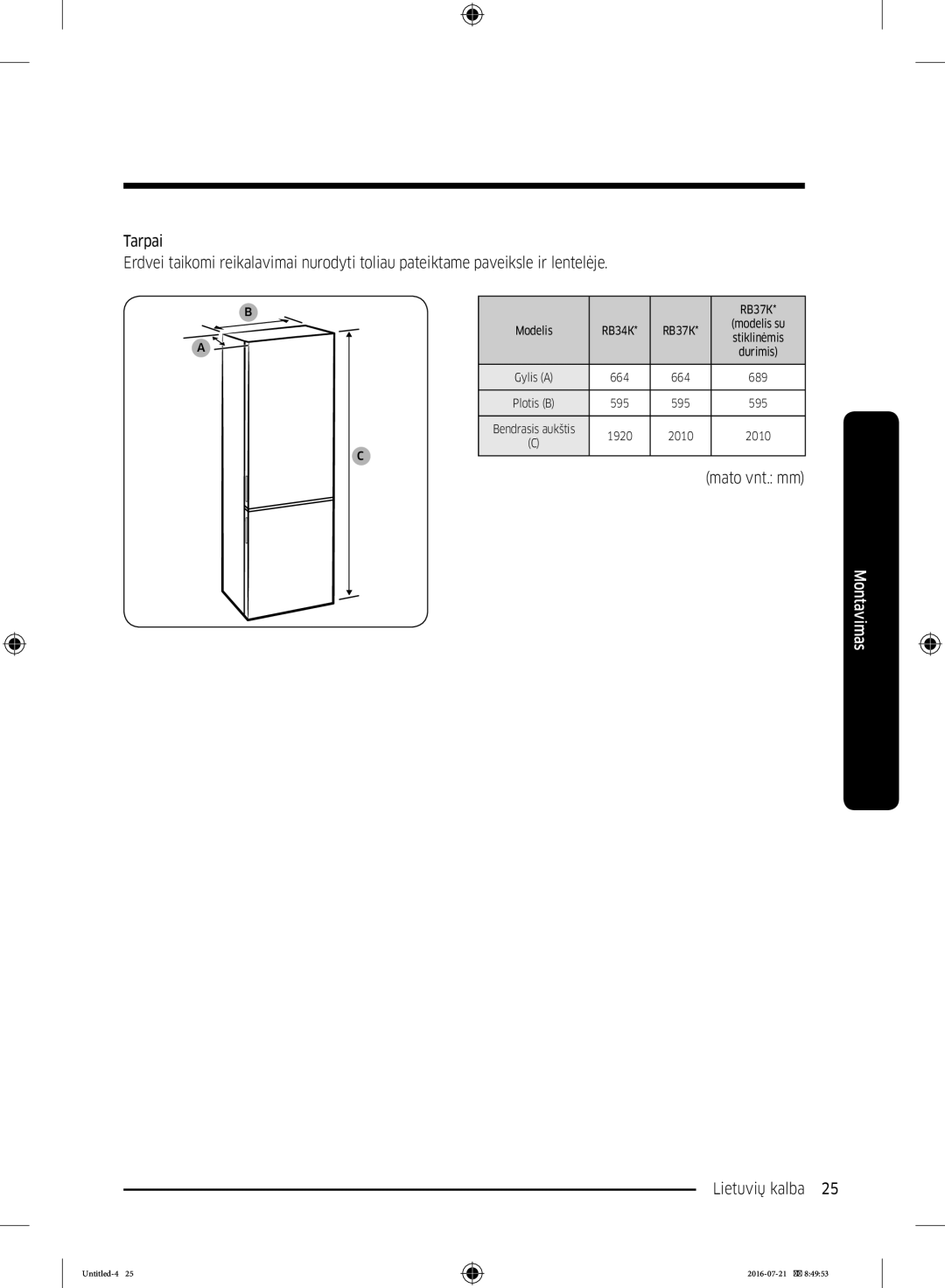 Samsung RB37K63611L/EF, RB34K6032SS/EF, RB34K6232SS/EF, RB37K63632C/EF manual Mato vnt. mm 