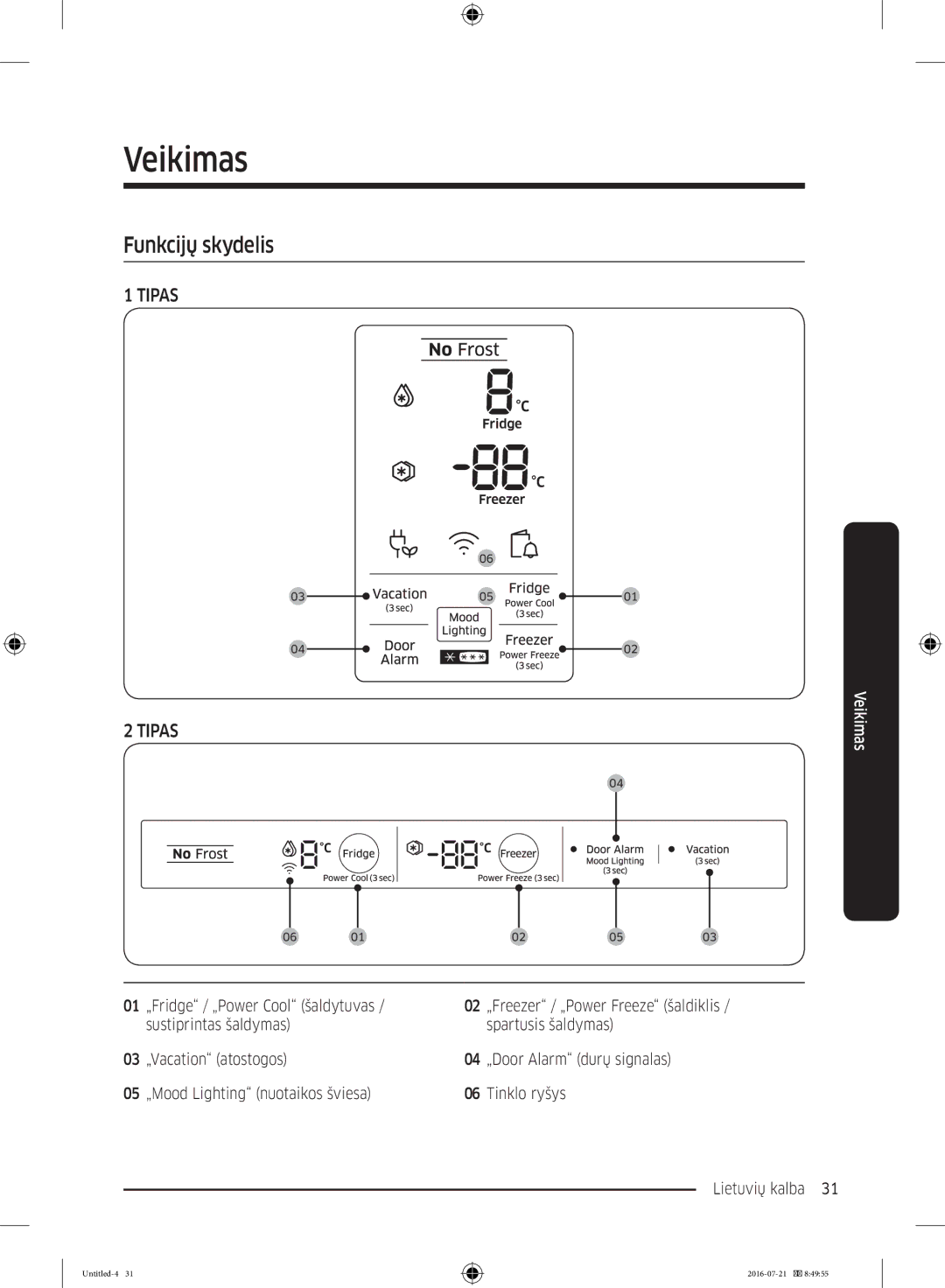 Samsung RB37K63632C/EF, RB34K6032SS/EF, RB37K63611L/EF manual Veikimas, Funkcijų skydelis, „Fridge / „Power Cool šaldytuvas 