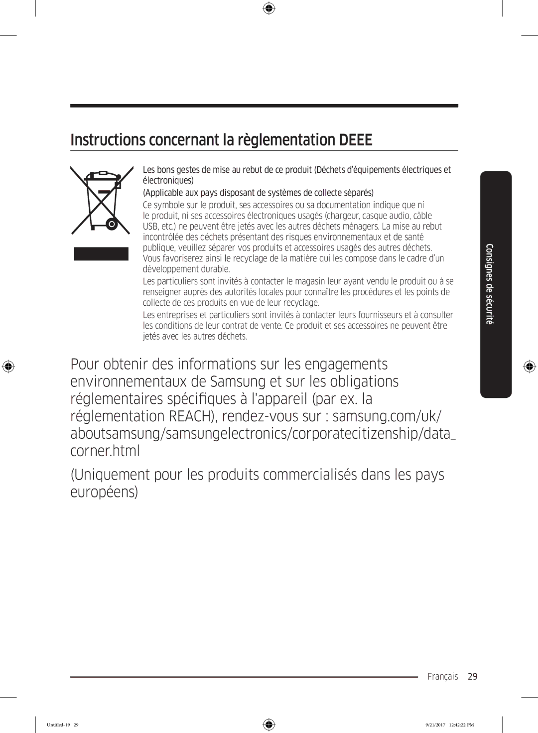 Samsung RB34K6032SS/EF, RB34K6100SS/EF manual Instructions concernant la règlementation Deee 