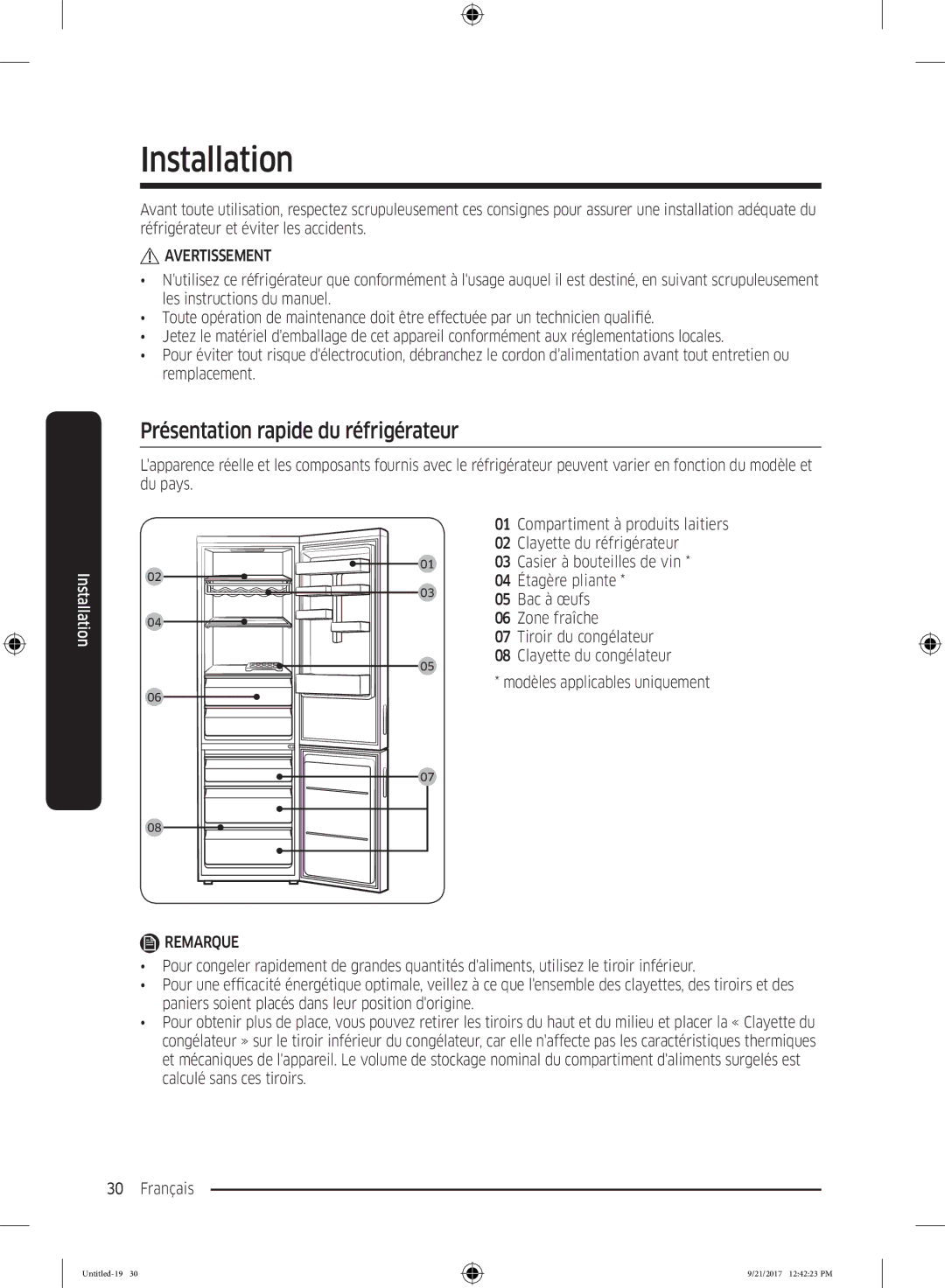 Samsung RB34K6100SS/EF, RB34K6032SS/EF manual Installation, Présentation rapide du réfrigérateur 