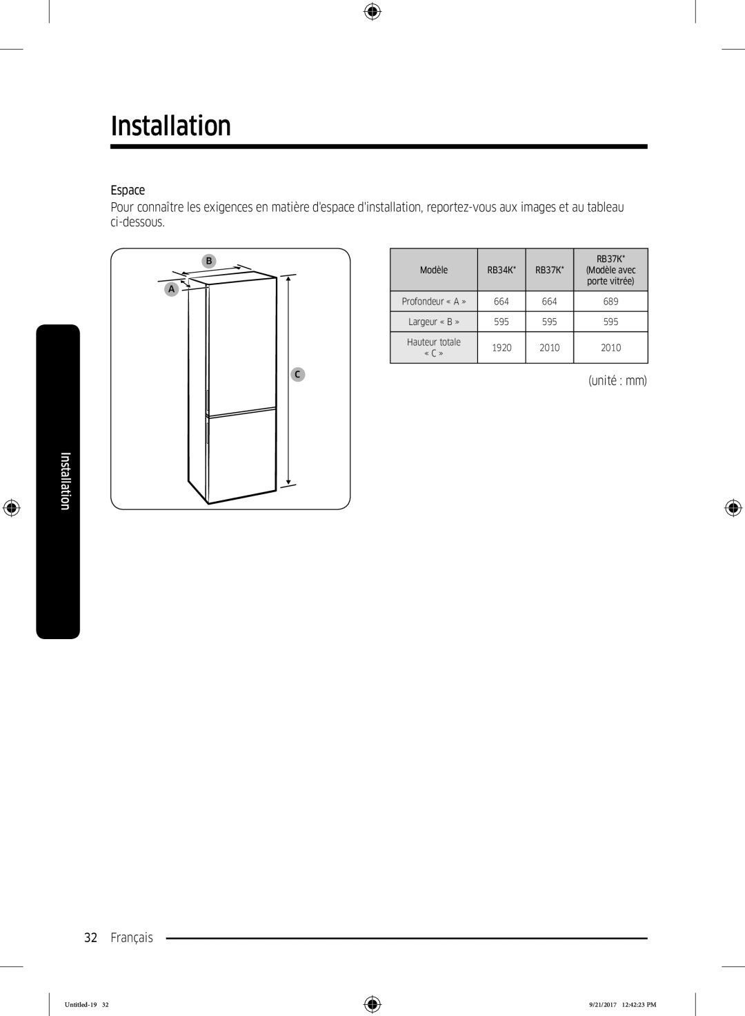 Samsung RB34K6100SS/EF, RB34K6032SS/EF manual Unité mm 