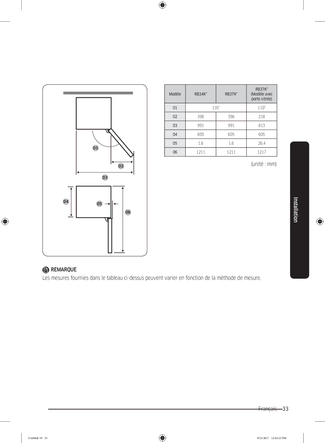 Samsung RB34K6032SS/EF, RB34K6100SS/EF manual Unité mm 