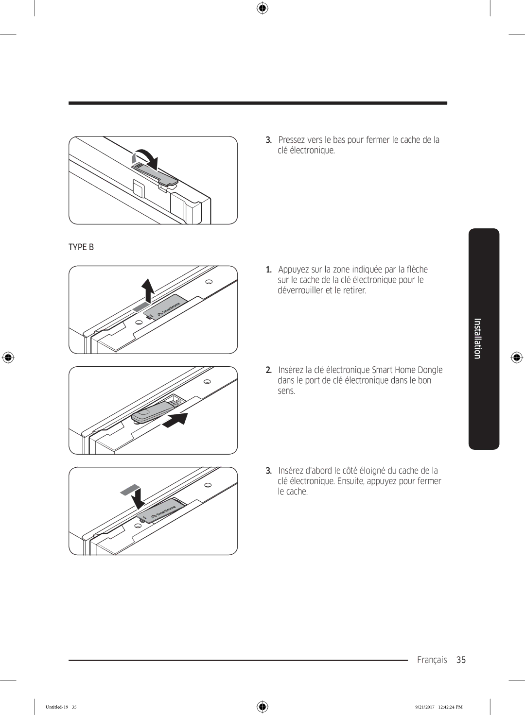 Samsung RB34K6032SS/EF manual Appuyez sur la zone indiquée par la flèche, Sur le cache de la clé électronique pour le, Sens 