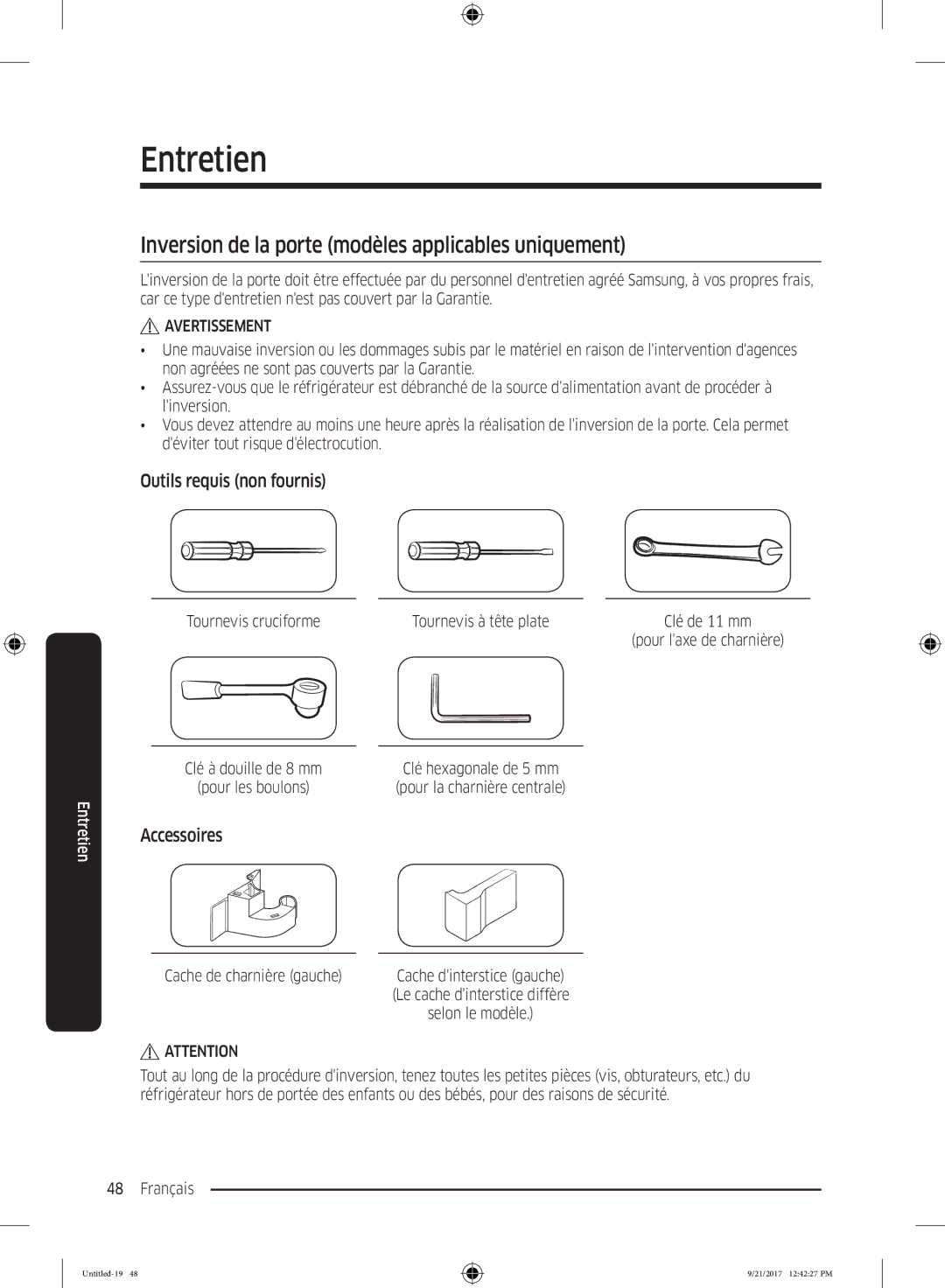 Samsung RB34K6100SS/EF manual Inversion de la porte modèles applicables uniquement, Outils requis non fournis, Accessoires 