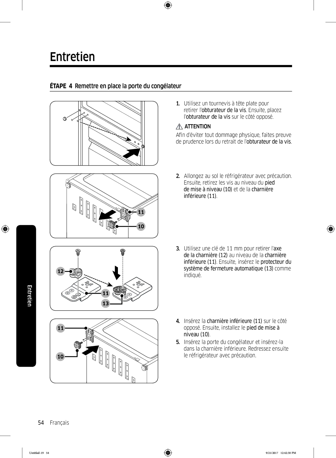 Samsung RB34K6100SS/EF, RB34K6032SS/EF manual Étape 4 Remettre en place la porte du congélateur 