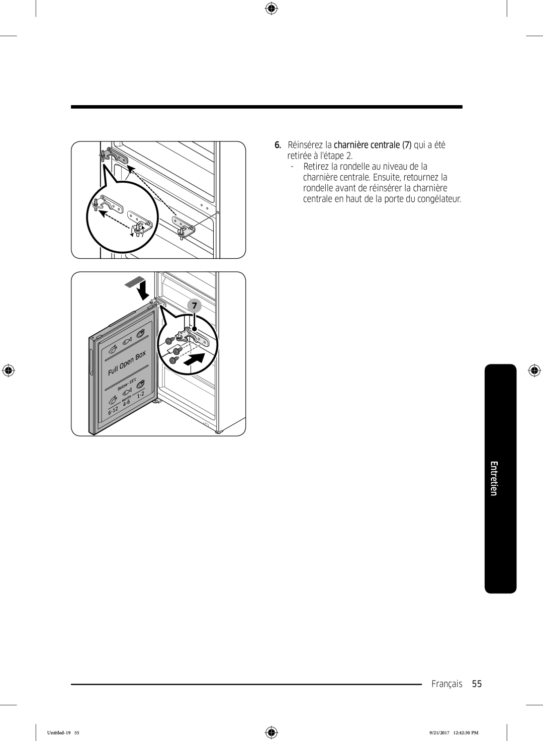 Samsung RB34K6032SS/EF, RB34K6100SS/EF manual Réinsérez la charnière centrale 7 qui a été retirée à létape 