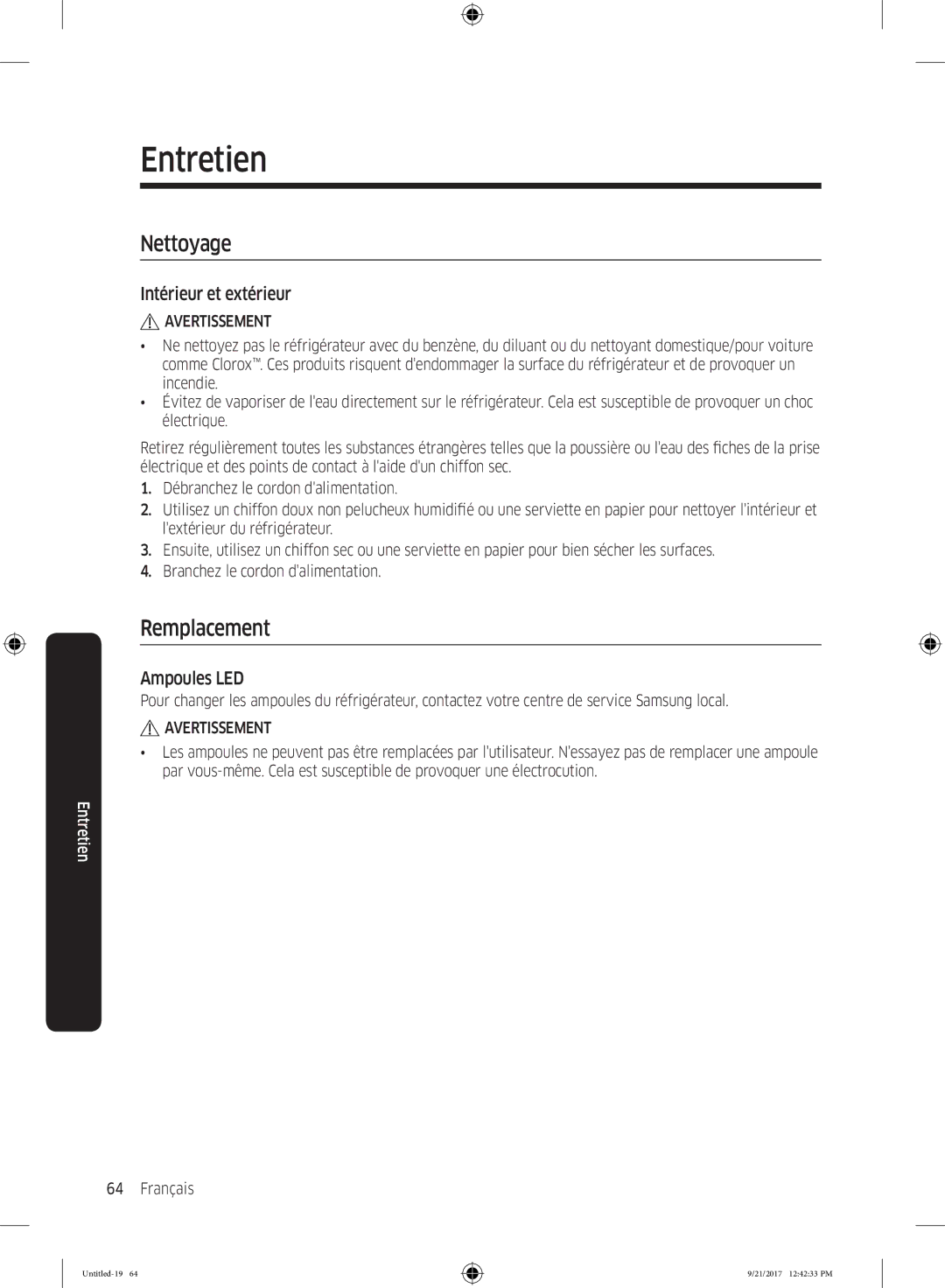 Samsung RB34K6100SS/EF, RB34K6032SS/EF manual Nettoyage, Remplacement, Intérieur et extérieur, Ampoules LED 