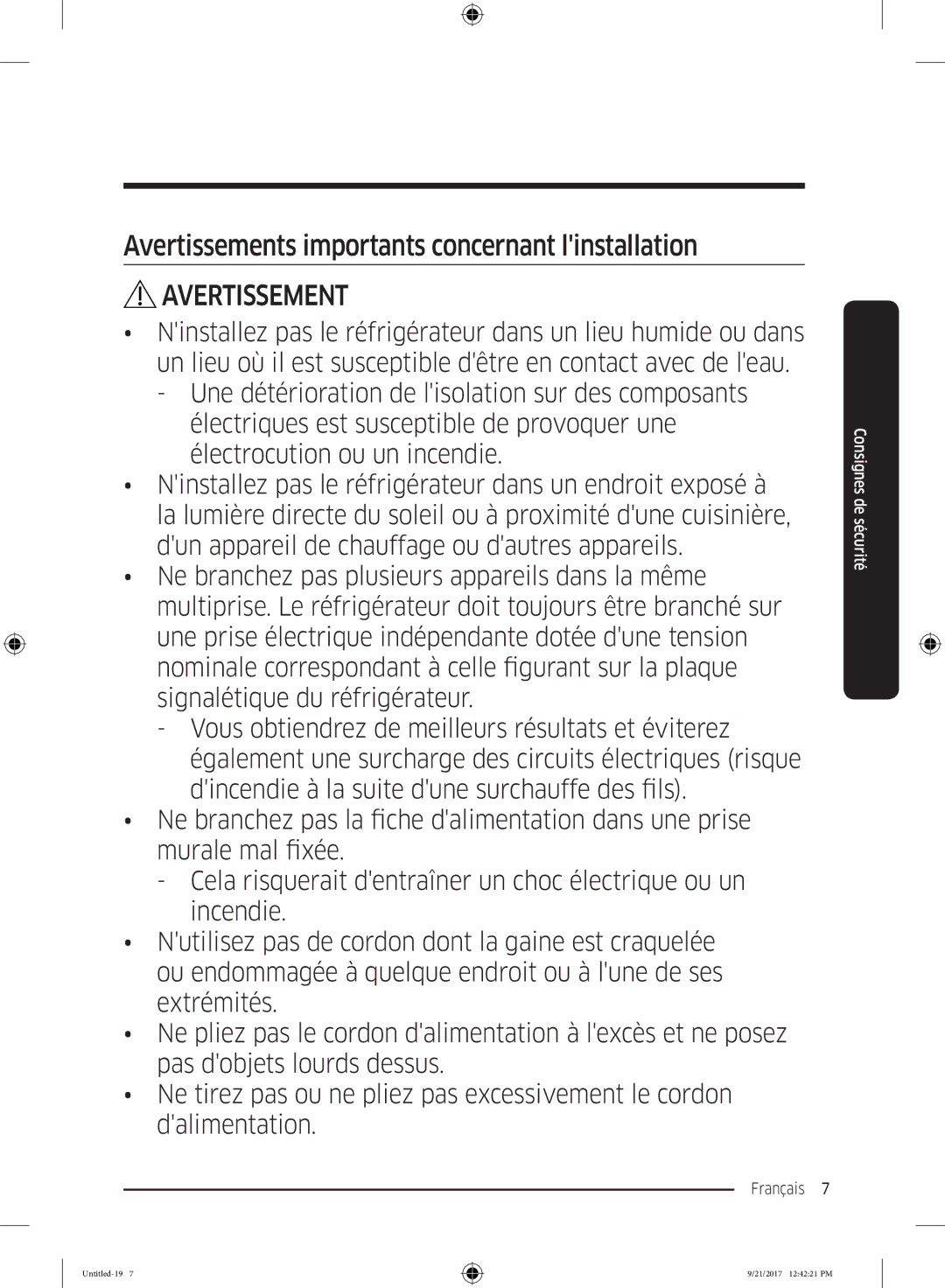 Samsung RB34K6032SS/EF, RB34K6100SS/EF manual Avertissements importants concernant linstallation 