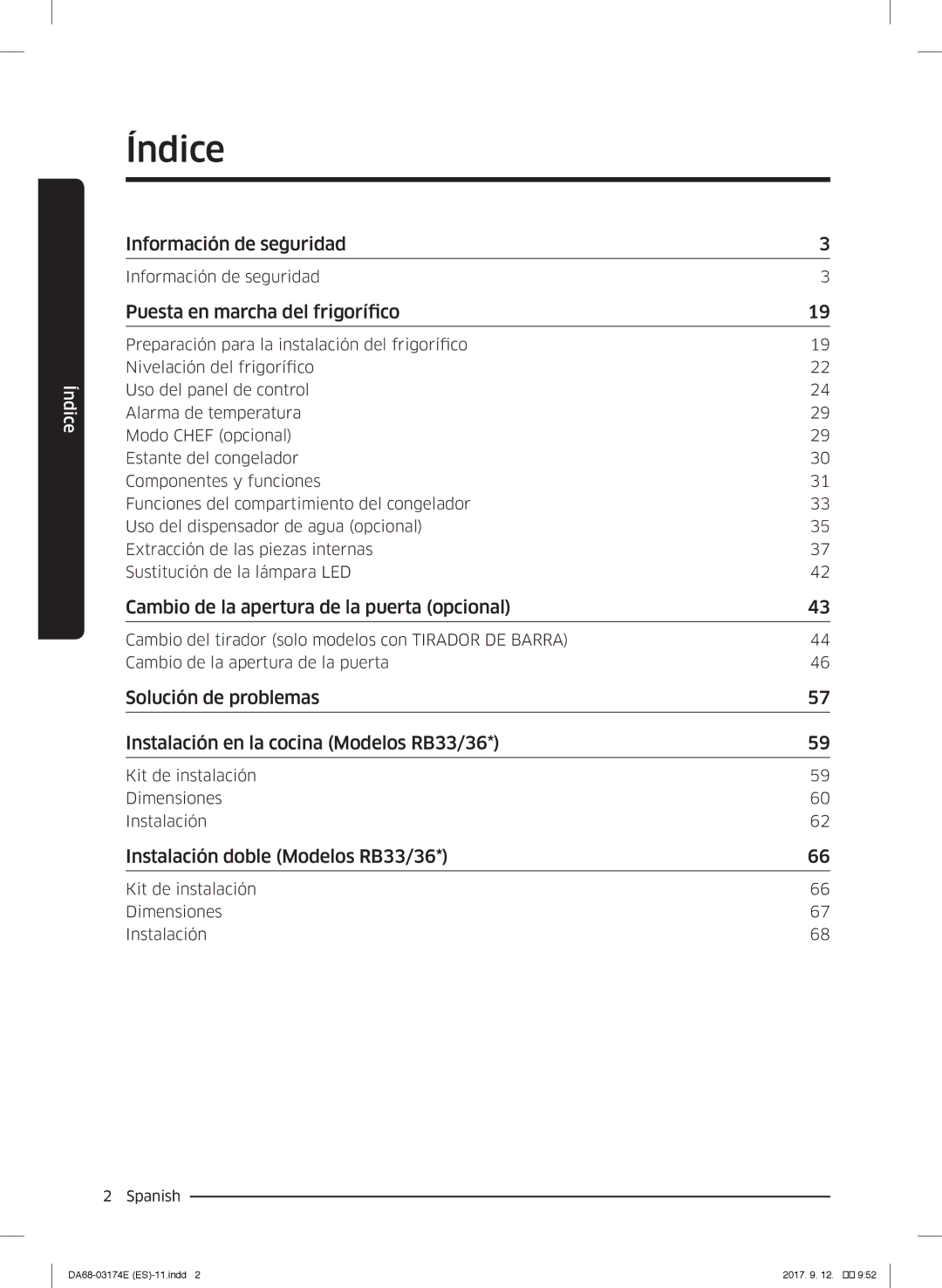 Samsung RB41J7835SR/EF, RB36J8799S4/EF, RB41J7799S4/EF manual Índice, Puesta en marcha del frigorífico 