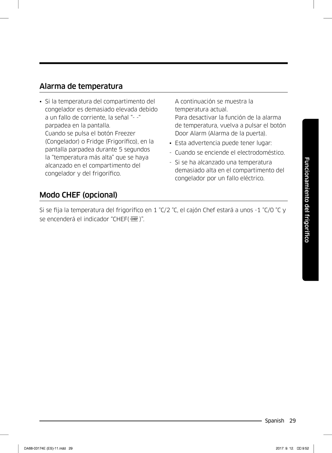 Samsung RB41J7835SR/EF, RB36J8799S4/EF, RB41J7799S4/EF manual Alarma de temperatura, Modo Chef opcional 