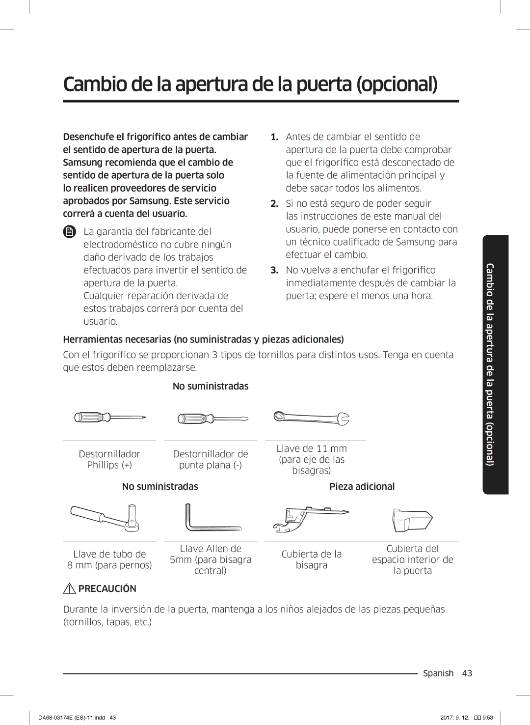 Samsung RB41J7799S4/EF, RB36J8799S4/EF, RB41J7835SR/EF manual Cambio de la apertura de la puerta opcional 