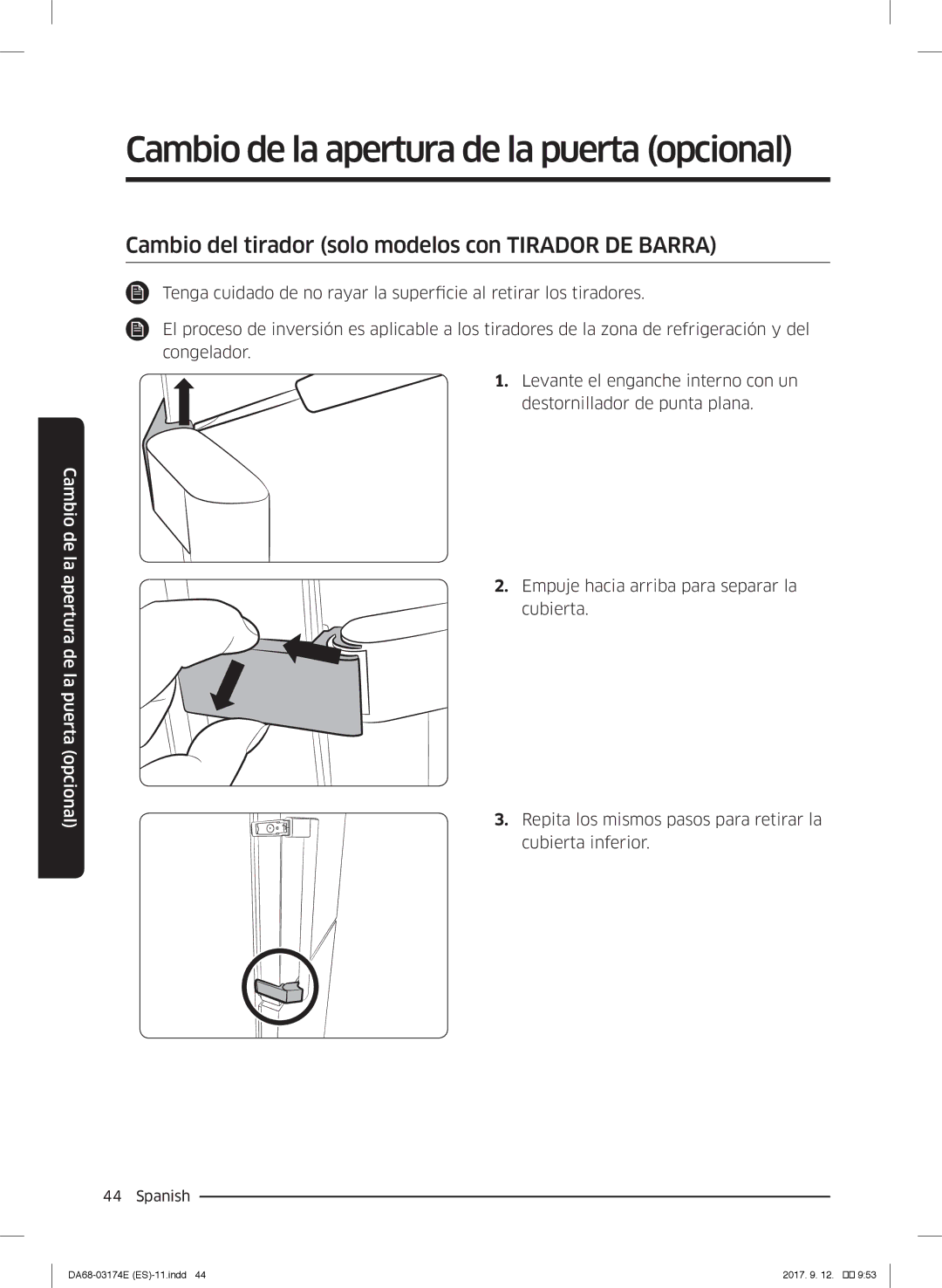 Samsung RB41J7835SR/EF, RB36J8799S4/EF, RB41J7799S4/EF manual Cambio del tirador solo modelos con Tirador DE Barra 