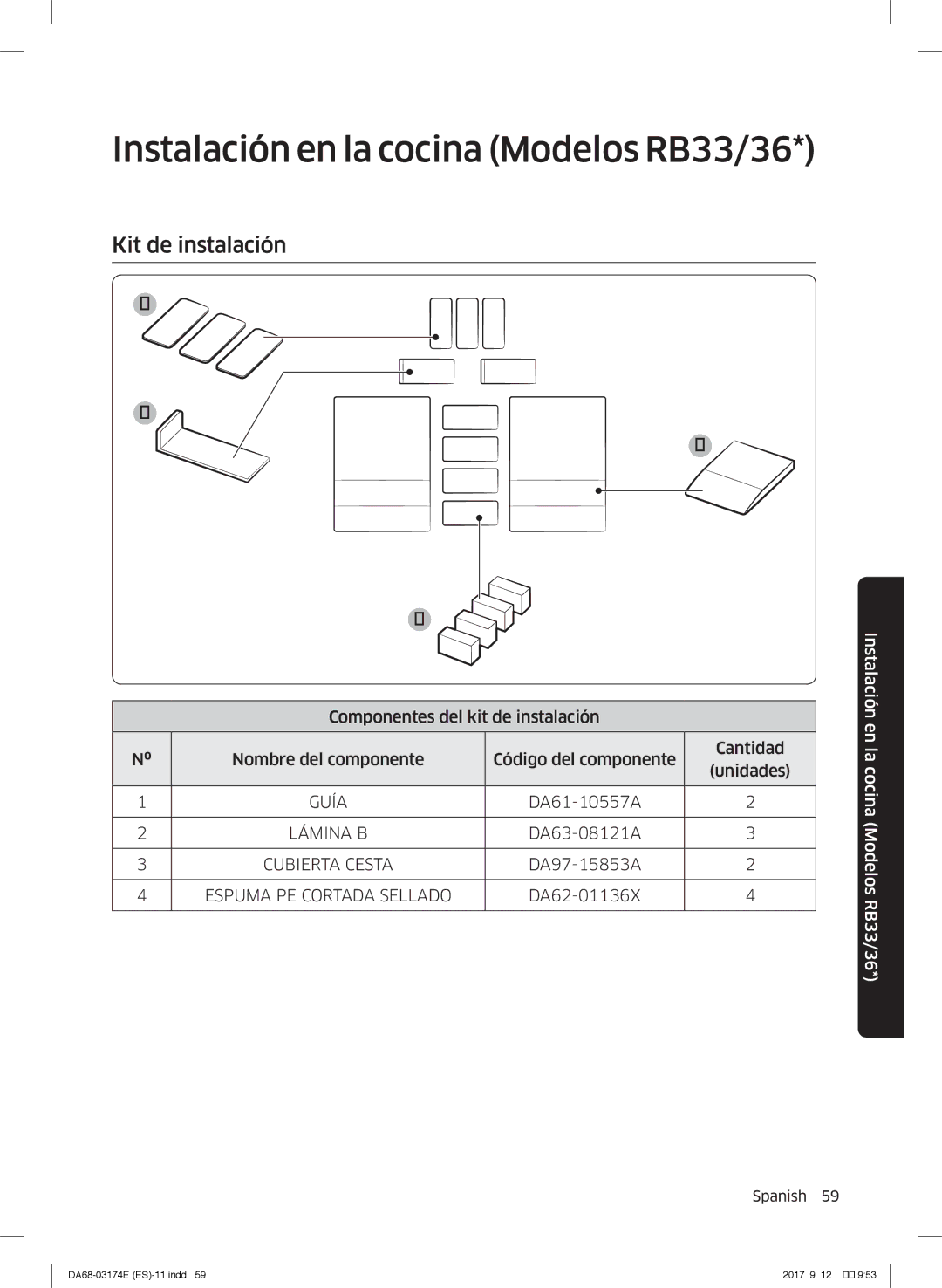 Samsung RB41J7835SR/EF, RB36J8799S4/EF, RB41J7799S4/EF manual Instalación en la cocina Modelos RB33/36, Kit de instalación 