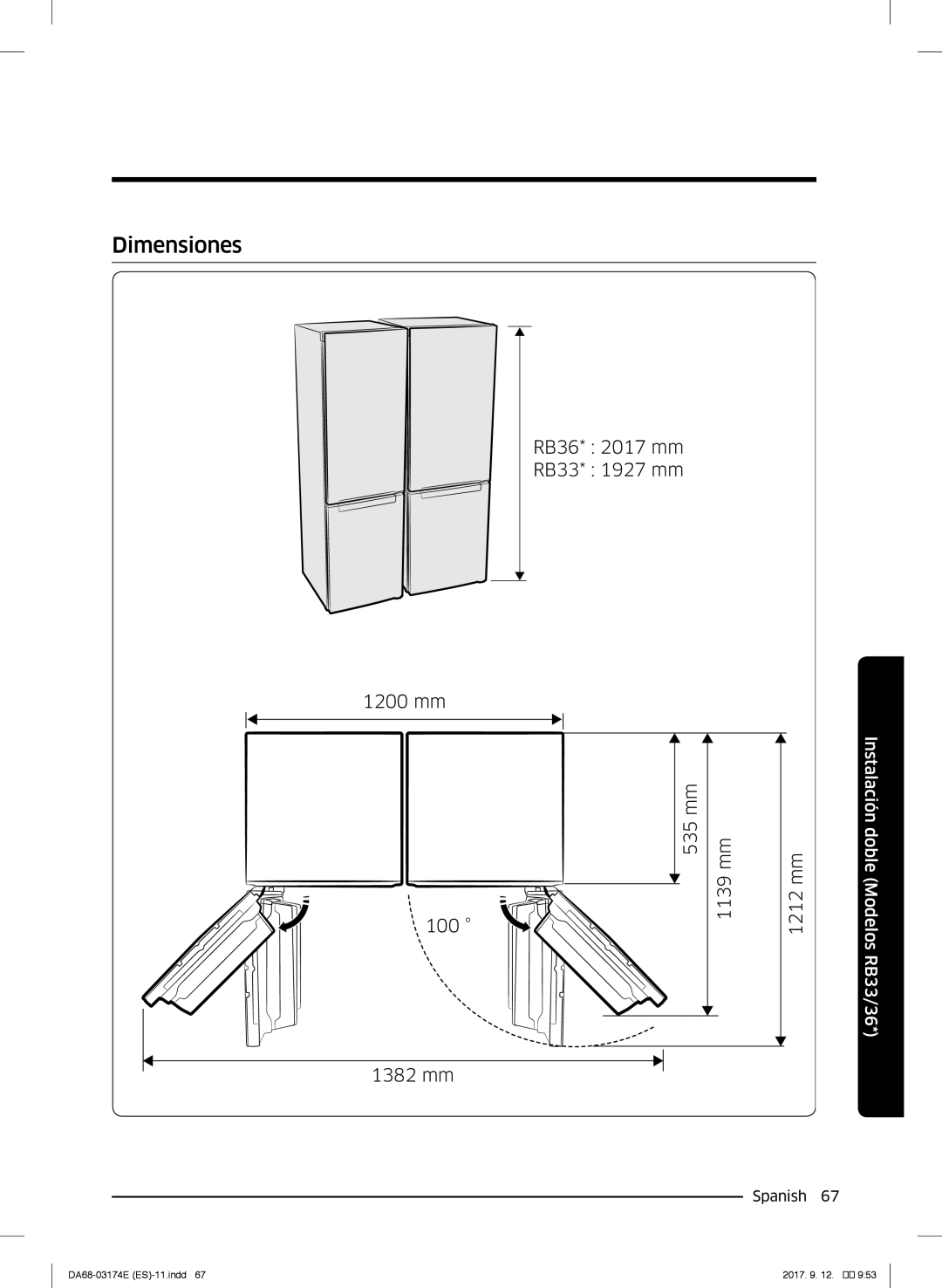 Samsung RB41J7799S4/EF, RB36J8799S4/EF, RB41J7835SR/EF manual RB36* 2017 mm RB33* 1927 mm 1200 mm 100 1382 mm 