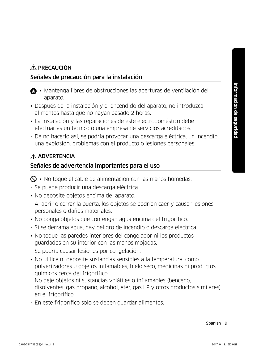 Samsung RB36J8799S4/EF manual Señales de precaución para la instalación, Señales de advertencia importantes para el uso 