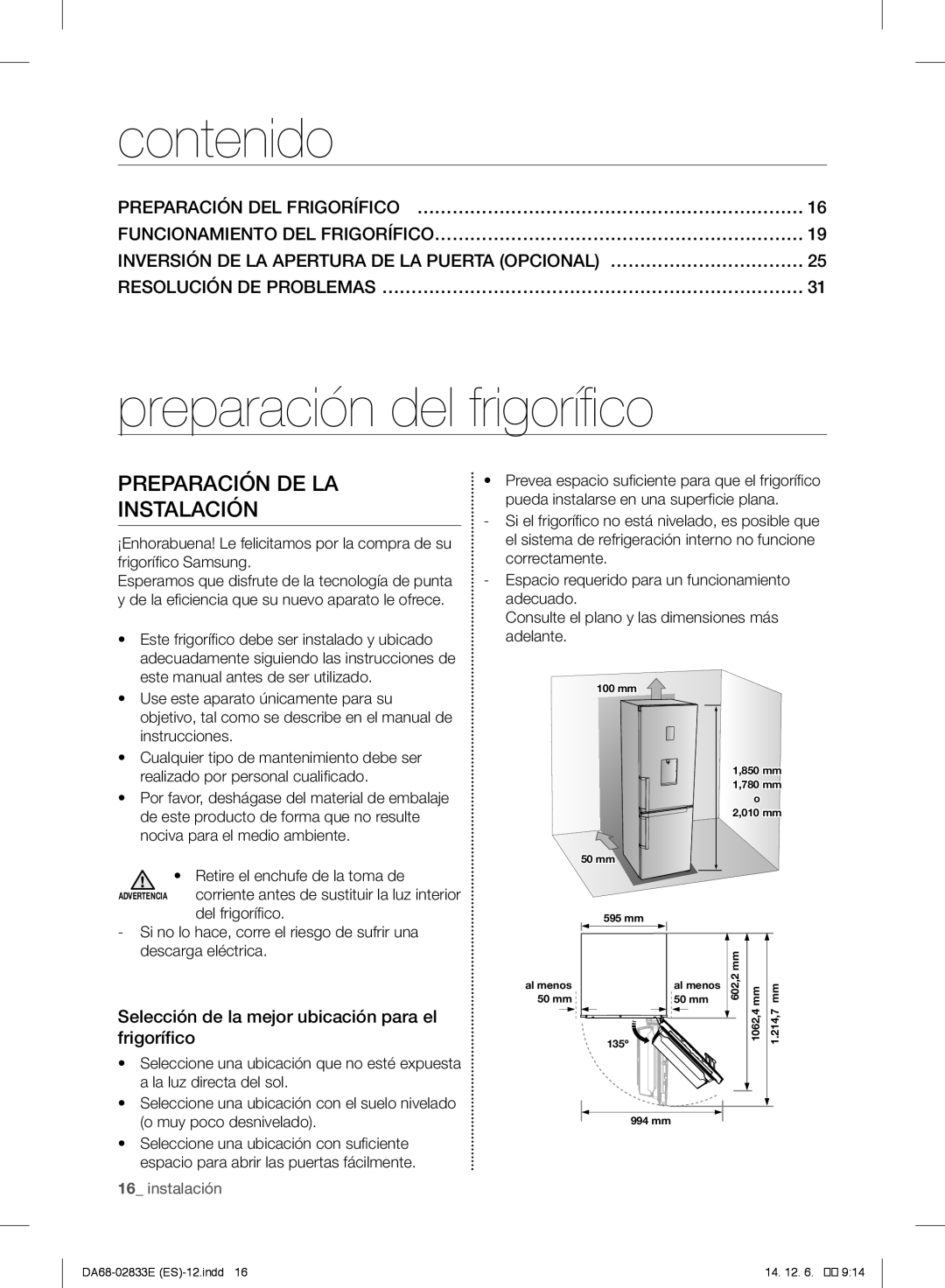 Samsung RB37J501MSA/EF, RB37J5018SA/EF Preparación DE LA Instalación, Preparación DEL FRIGORÍFICO… ………………………………………………………… 