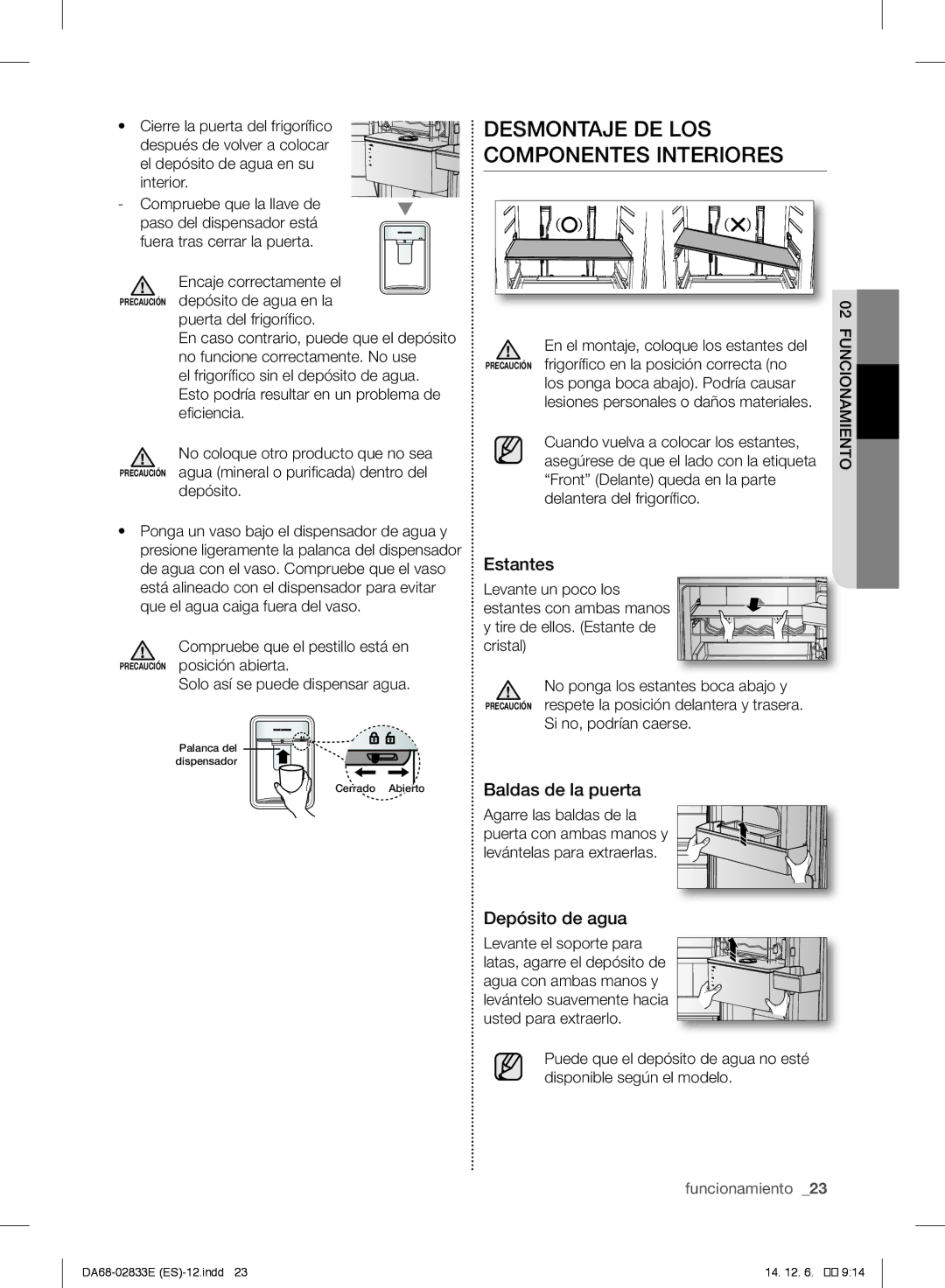 Samsung RB37J5029WW/EF manual Desmontaje DE LOS Componentes Interiores, Estantes, Baldas de la puerta, Depósito de agua 