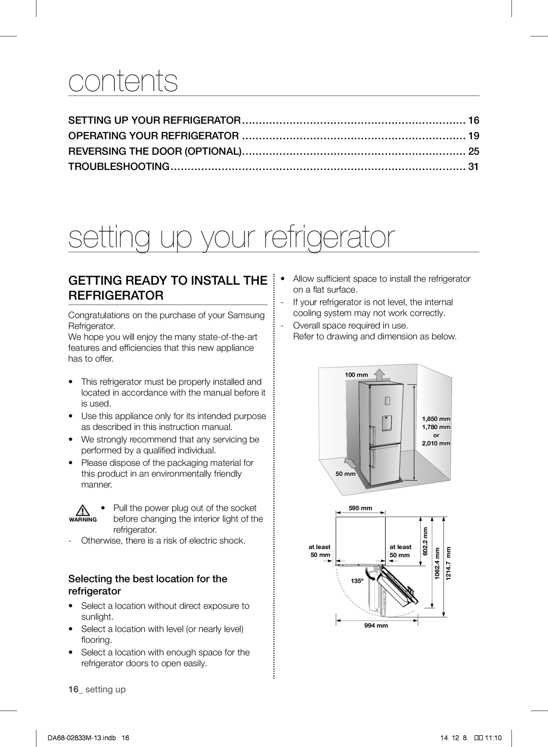 Samsung RB37J5005SA/EF, RB37J5018SA/EF, RB37J500MSA/EF, RB37J5209SA/EF, RB37J5315SS/EF Contents, Setting up your refrigerator 