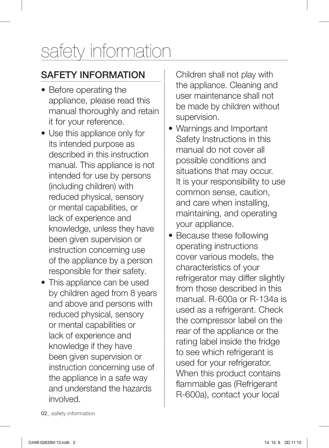 Samsung RB37J500MSA/EF, RB37J5018SA/EF, RB37J5005SA/EF, RB37J5209SA/EF, RB37J5315SS/EF Safety information, Safety Information 