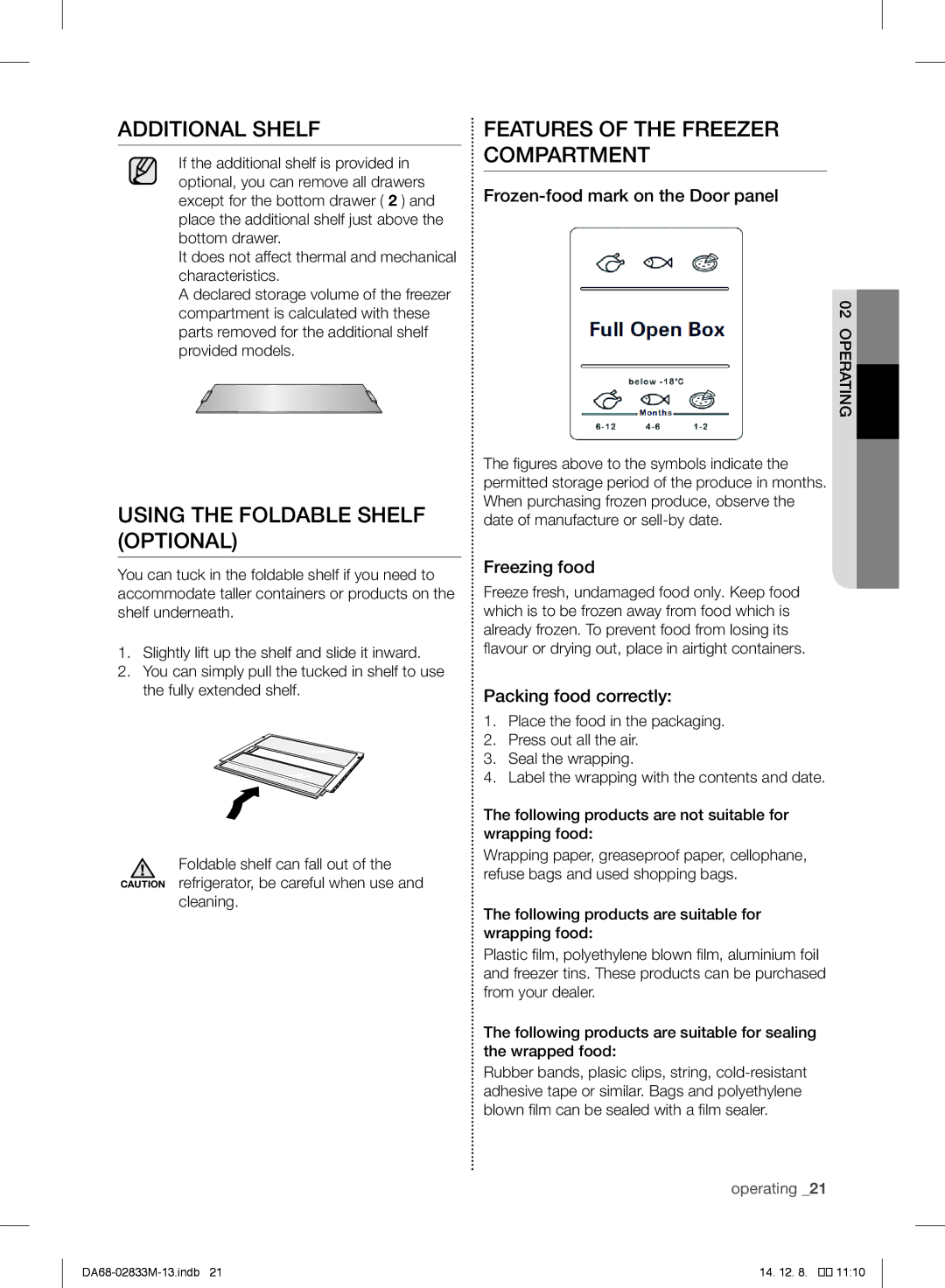 Samsung RB37J5249SS/EF manual Additional Shelf, Using the Foldable Shelf Optional, Features of the Freezer Compartment 