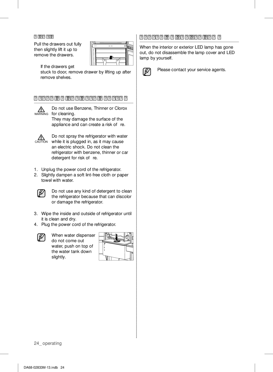 Samsung RB37J5000SA/EF, RB37J5018SA/EF, RB37J5005SA/EF manual Cleaning the Refrigerator, Replacing the LED Lamp, Drawers 