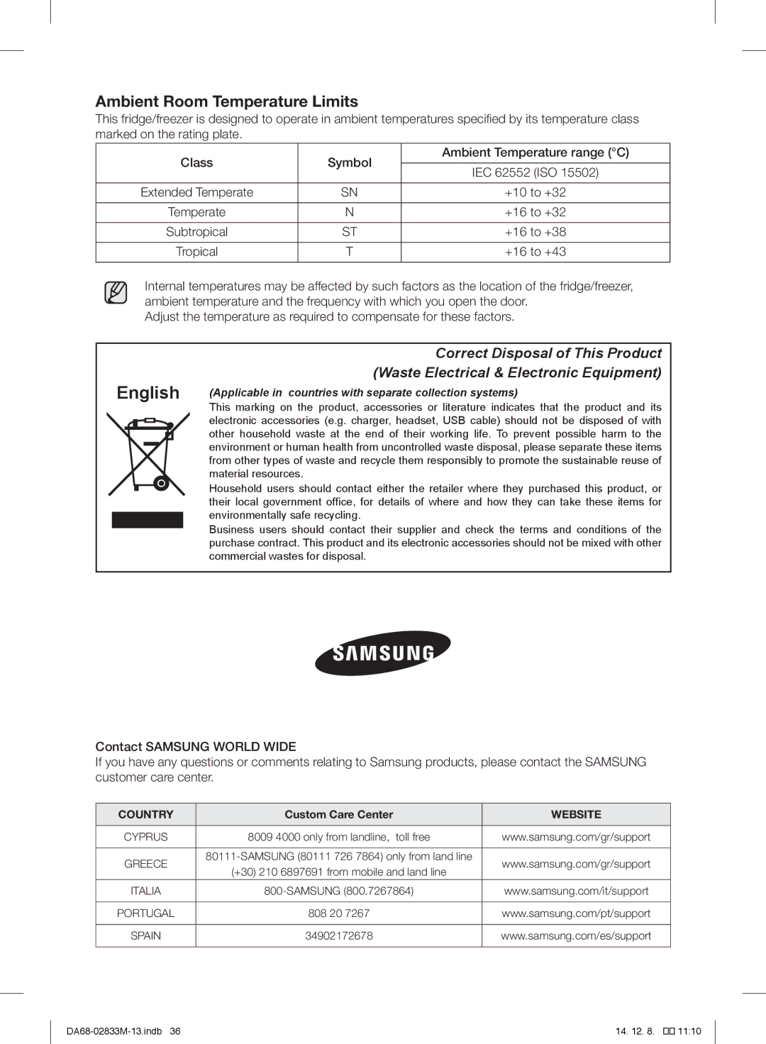 Samsung RB37J5249SS/EF, RB37J5018SA/EF, RB37J5005SA/EF, RB37J500MSA/EF manual +10 to +32, +16 to +32, +16 to +38, +16 to +43 