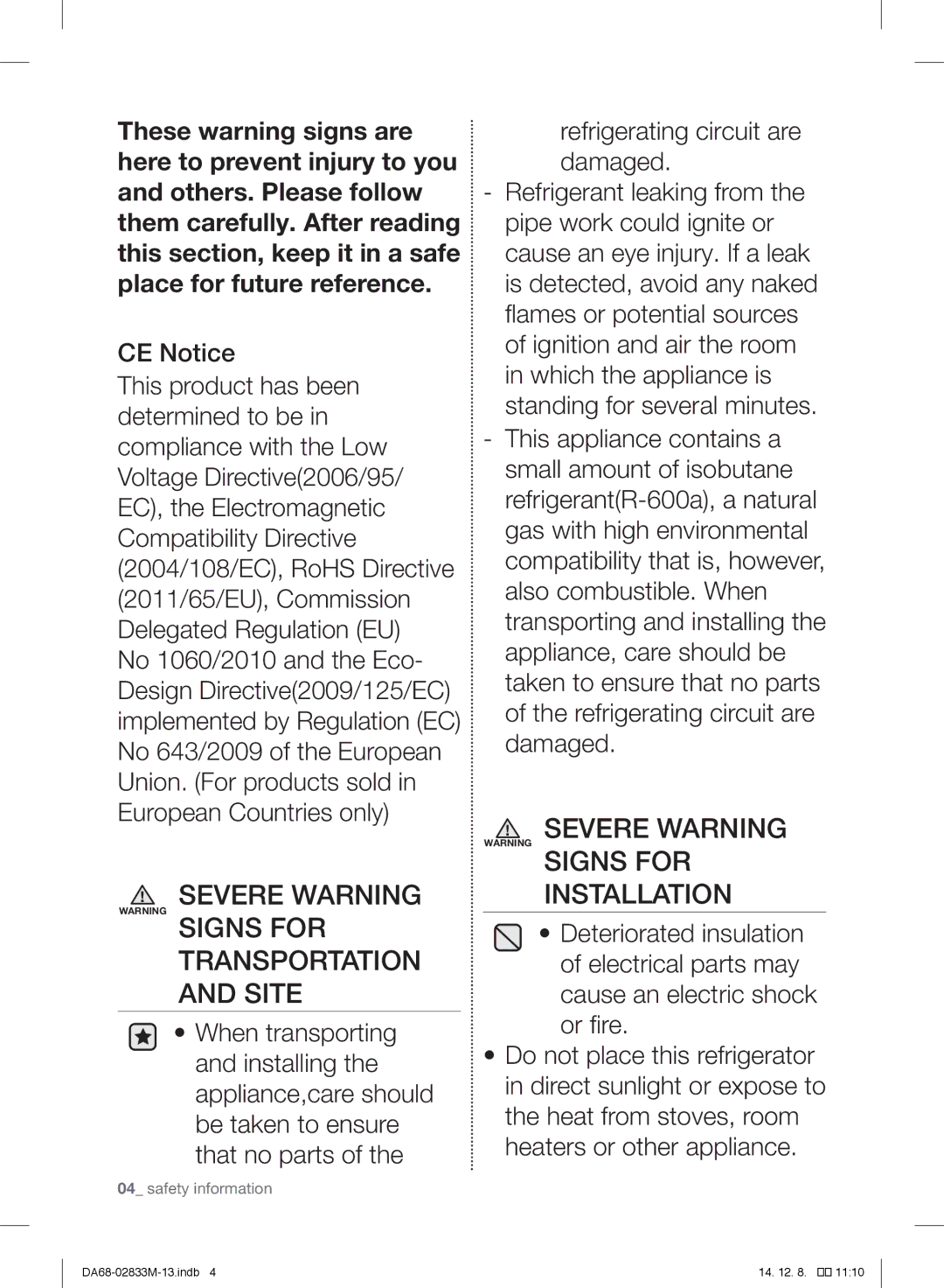 Samsung RB37J5315SS/EF, RB37J5018SA/EF, RB37J5005SA/EF, RB37J500MSA/EF, RB37J5209SA/EF manual Severe Warning Warning Signs for 