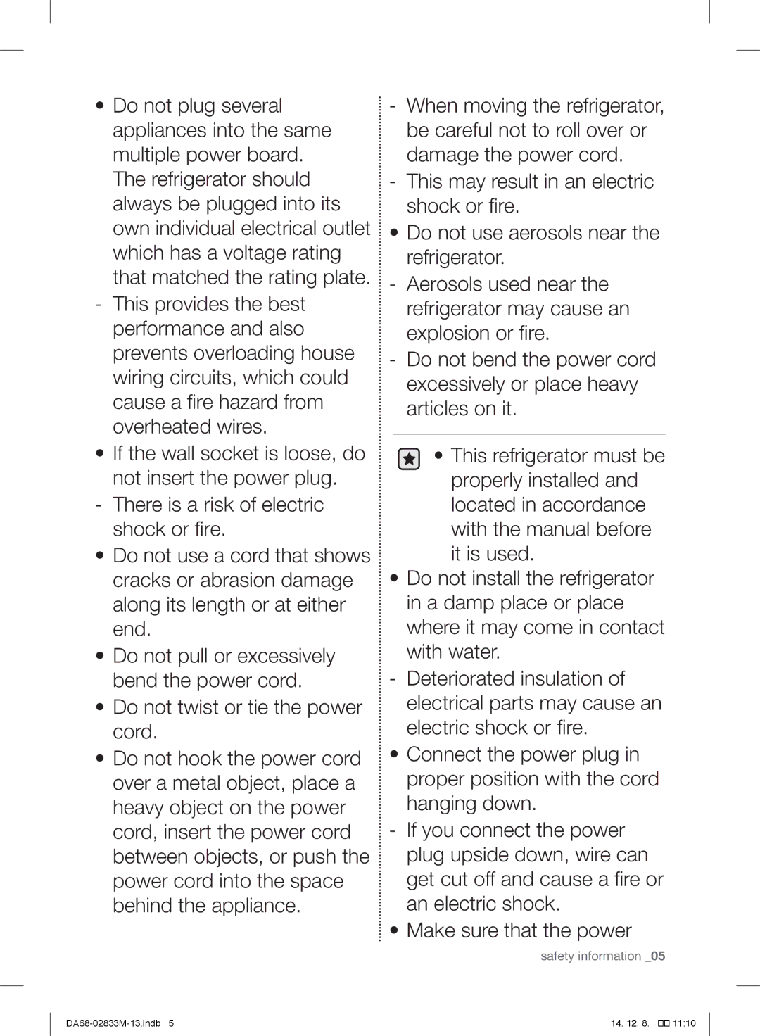 Samsung RB37J5125SS/EF, RB37J5018SA/EF, RB37J5005SA/EF, RB37J500MSA/EF, RB37J5209SA/EF, RB37J5315SS/EF manual Safety information 