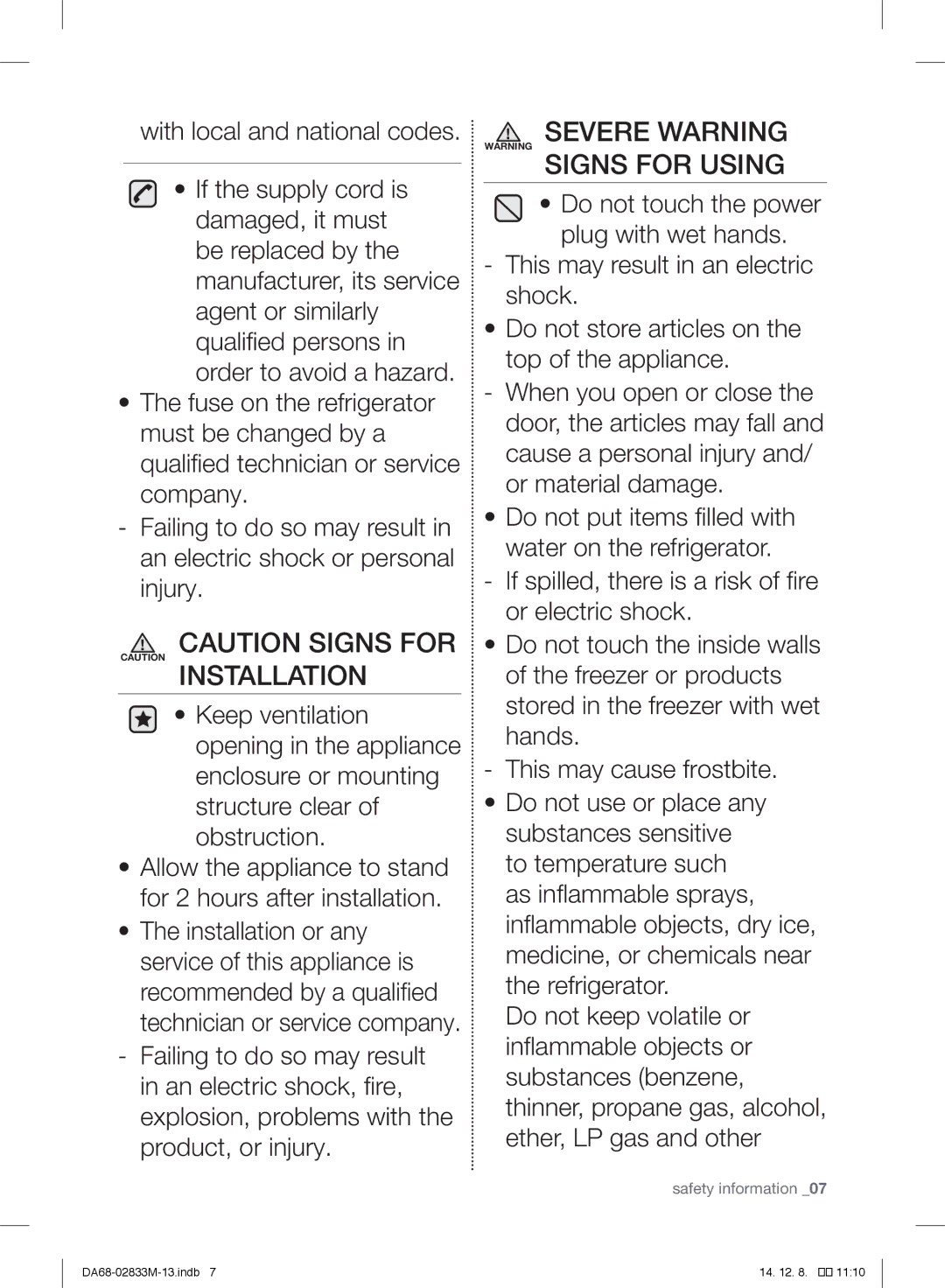 Samsung RB37J5015WW/EF, RB37J5018SA/EF, RB37J5005SA/EF, RB37J500MSA/EF, RB37J5209SA/EF Severe Warning Warning Signs for Using 