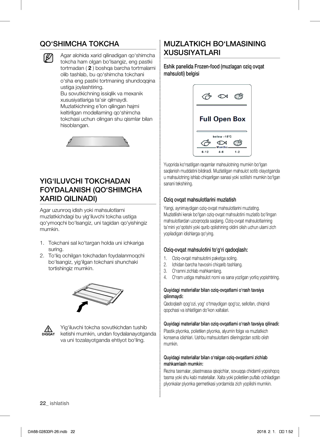 Samsung RB37J5000SA/WT manual QO‘SHIMCHA Tokcha, Muzlatkich BO‘LMASINING Xususiyatlari, Oziq ovqat mahsulotlarini muzlatish 