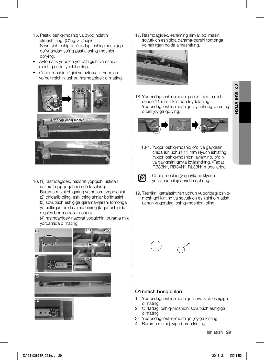 Samsung RB37J5200SA/WT, RB37J5250EF/WT manual ‘rnatish bosqichlari, ‘rnating, ‘rtadagi oshiq-moshiqni sovutkich eshigiga 