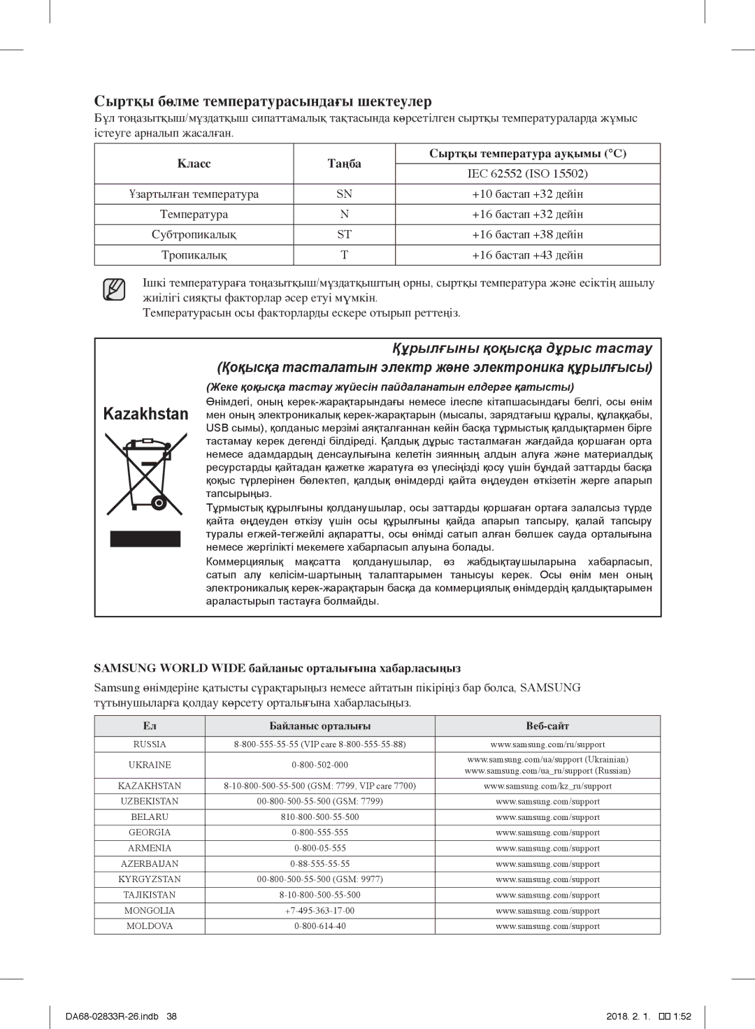 Samsung RB37J5341SA/WT, RB37J5250EF/WT, RB37J5271EF/WT, RB37J5200SA/WT manual Сыртқы бөлме температурасындағы шектеулер 