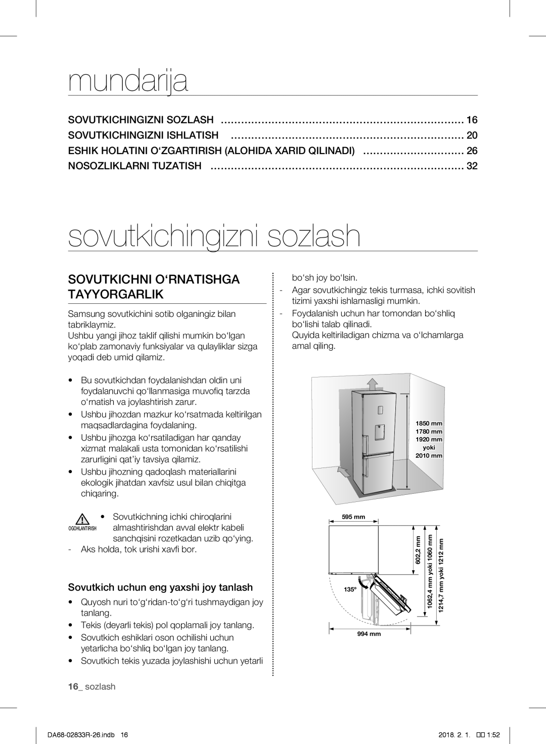 Samsung RB33J3200WW/WT manual Sovutkichni O‘RNATISHGA Tayyorgarlik, Nosozliklarni TUZATISH… ………………………………………………………………… 