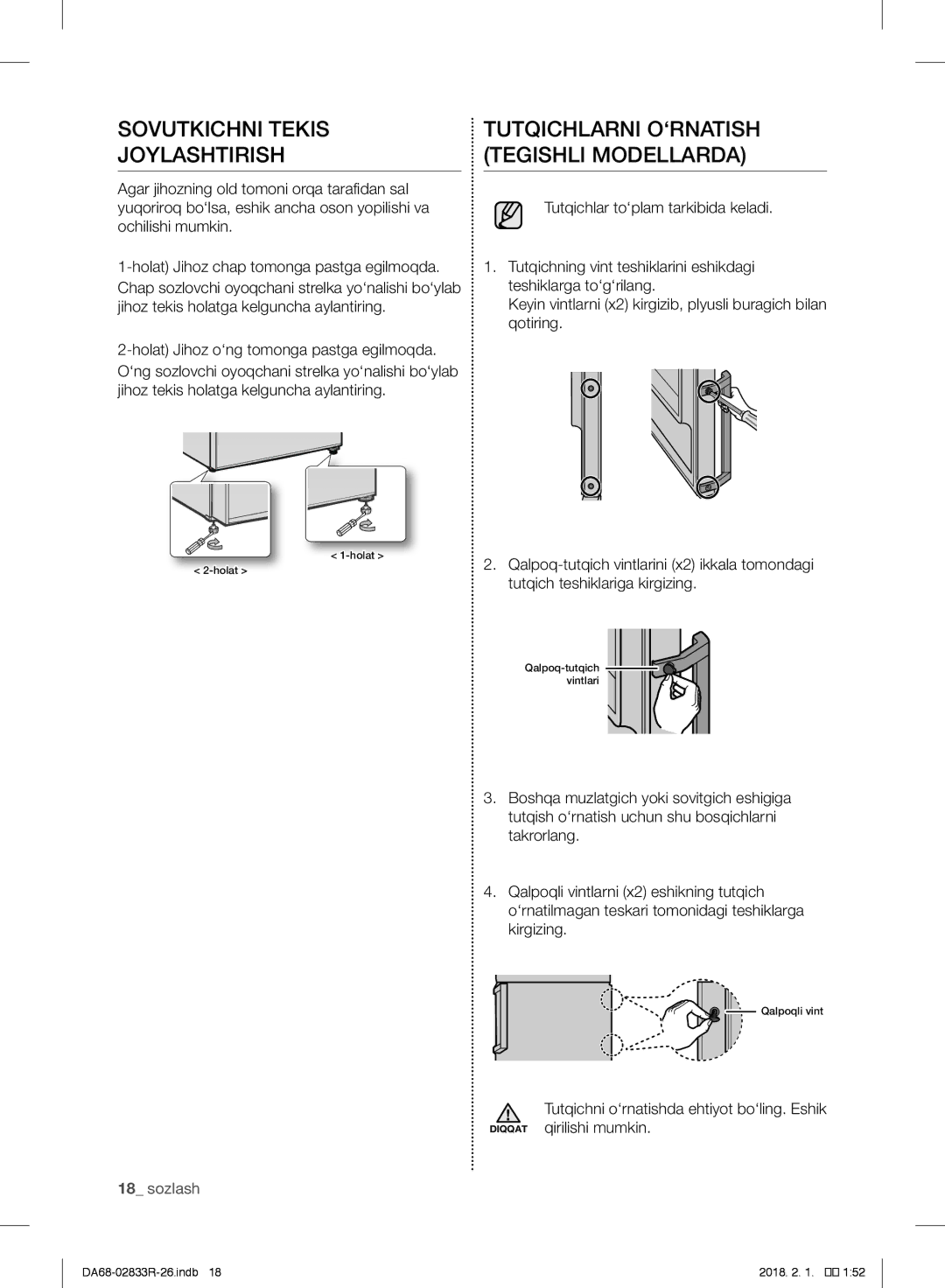 Samsung RB37J5350SS/WT, RB37J5250EF/WT manual Sovutkichni Tekis Joylashtirish, Tutqichlarni O‘RNATISH Tegishli Modellarda 