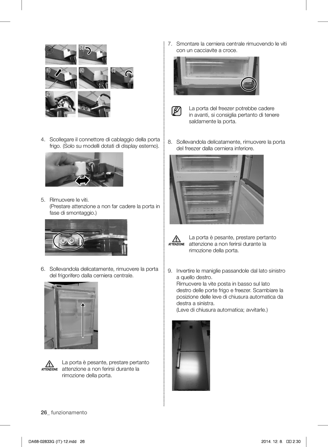 Samsung RB37J5315SS/EF Smontare la cerniera centrale rimuovendo le viti, Con un cacciavite a croce, Rimozione della porta 