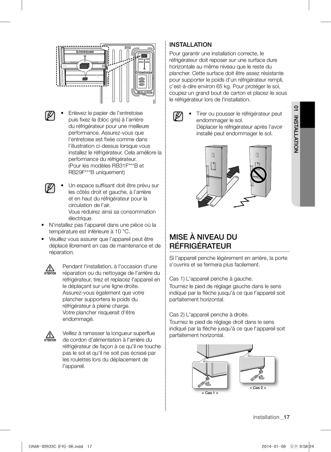 Samsung RB31FEJNDSA/EF, RB37J5325SS/EF, RB31FWJNDWW/EF, RB31FERNBWW/EF manual Mise À Niveau DU Réfrigérateur, Installation 