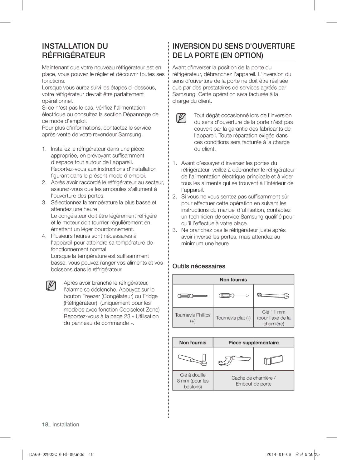 Samsung RB30J3000WW/EF, RB37J5325SS/EF, RB31FWJNDWW/EF, RB31FERNBWW/EF Installation DU Réfrigérateur, Outils nécessaires 