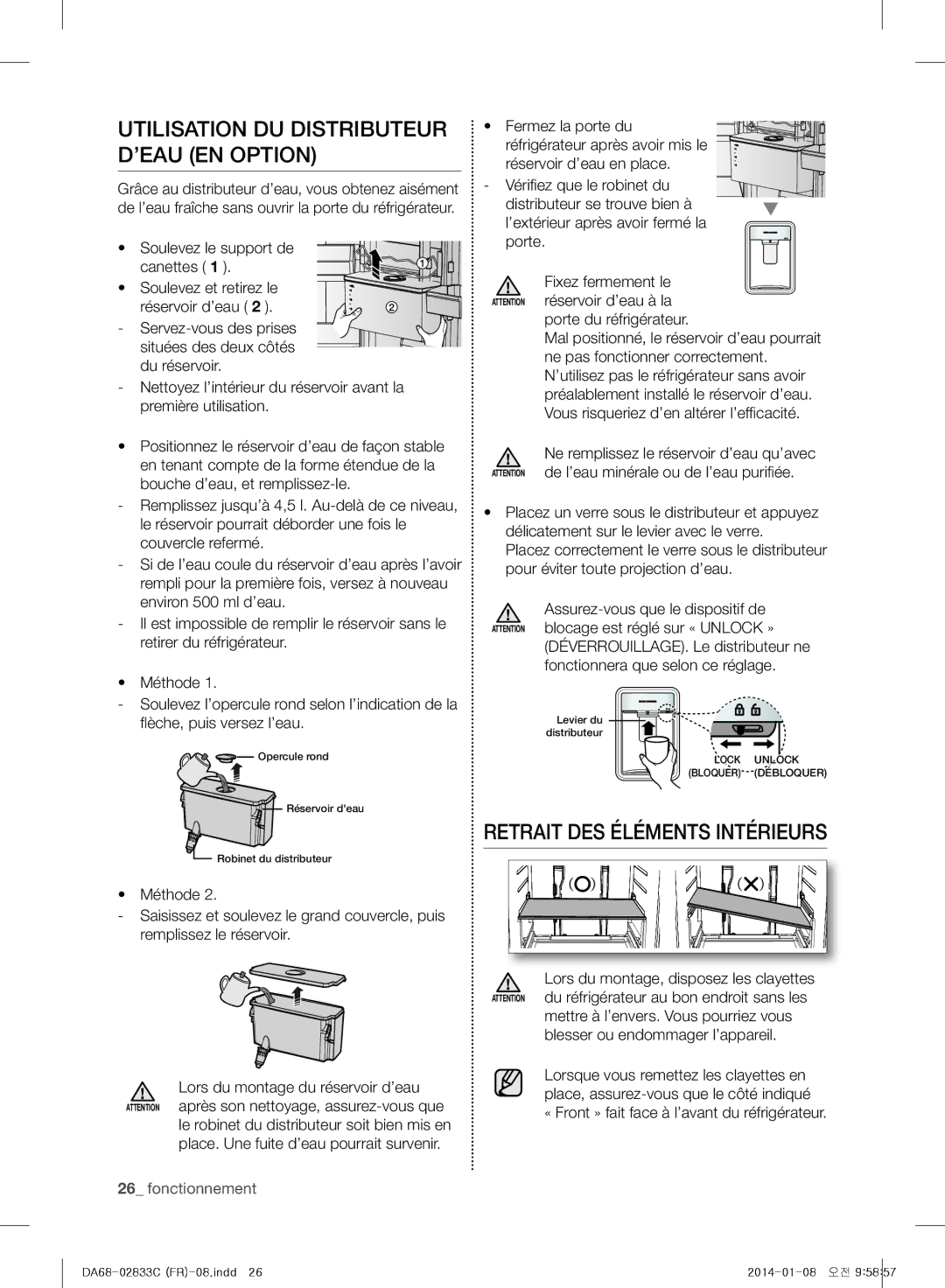 Samsung RB31HSR2DWW/EF, RB37J5325SS/EF manual Utilisation DU Distributeur D’EAU EN Option, Retrait DES Éléments Intérieurs 