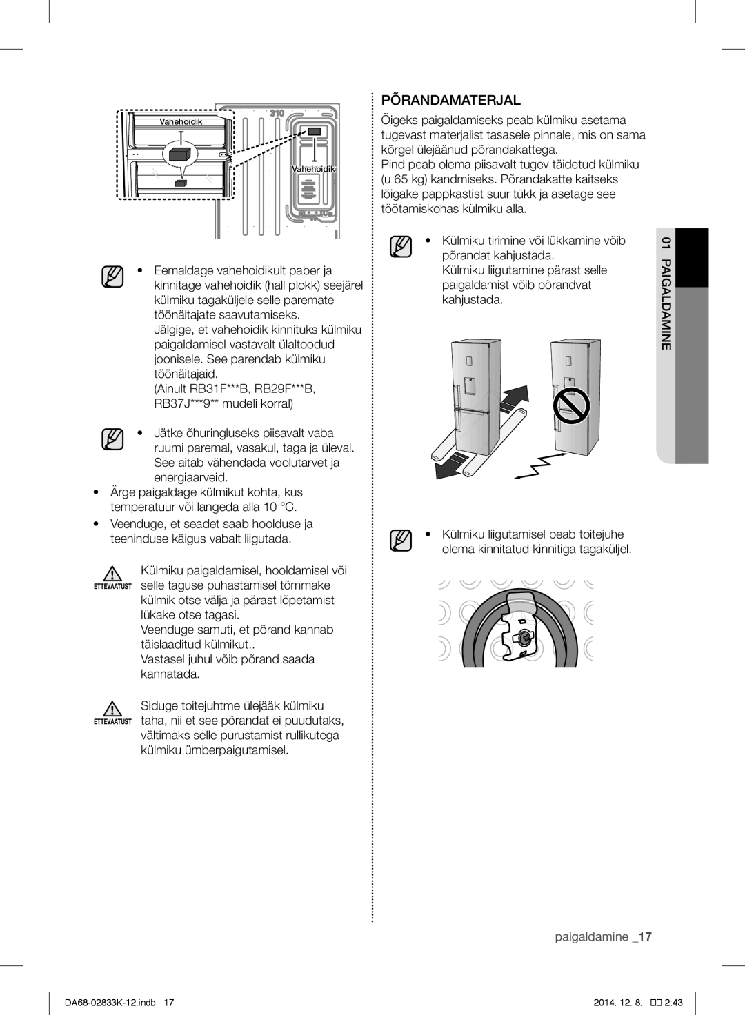 Samsung RB37J5200SA/WT, RB37J5345SS/EF, RB31FSRNDSA/EF, RB33J3030SA/EF, RB31FERNDBC/EF manual Põrandamaterjal, 01paigaldamine 