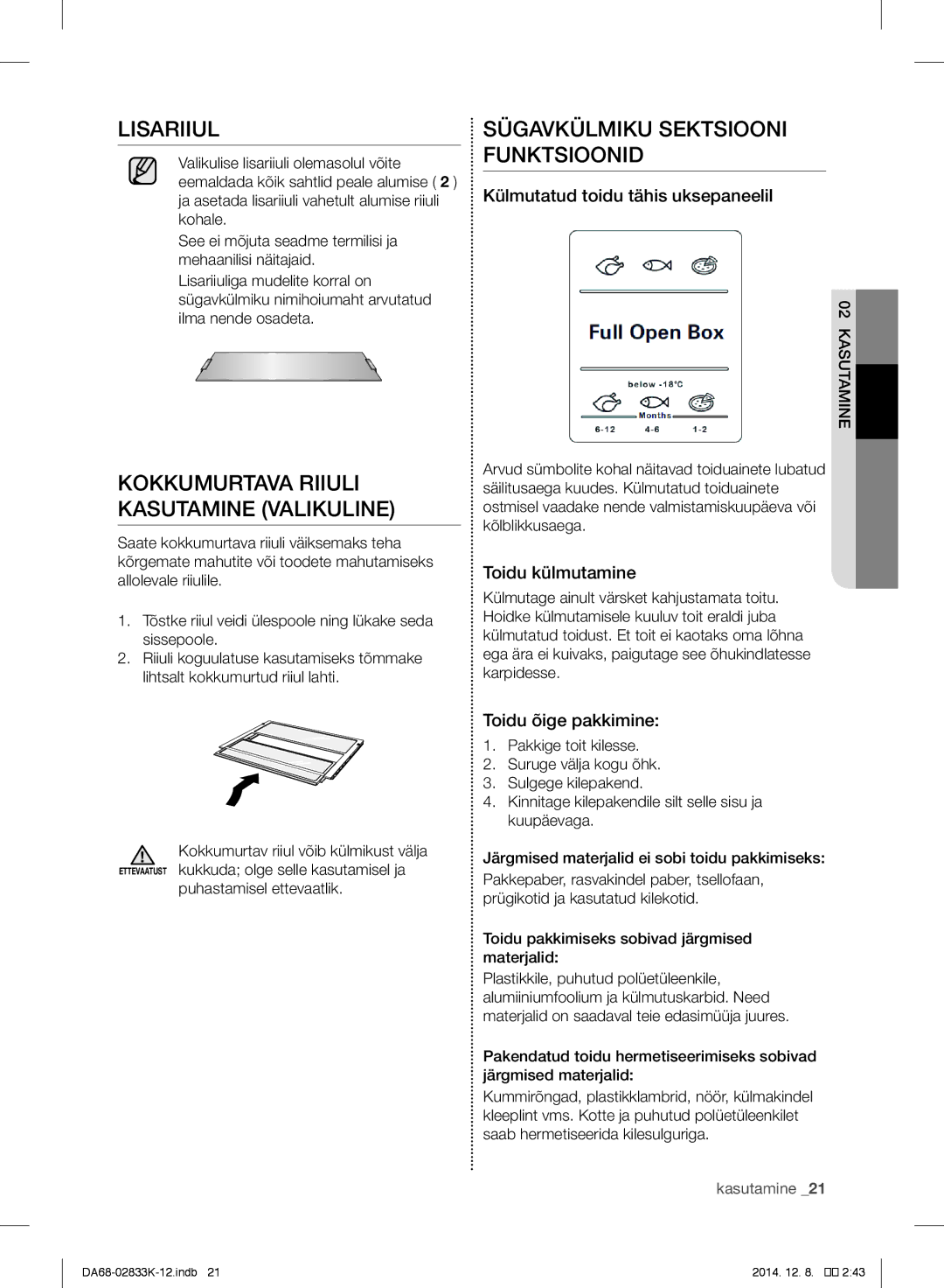 Samsung RB37J5271SS/WT manual Lisariiul, Kokkumurtava Riiuli Kasutamine Valikuline, Sügavkülmiku Sektsiooni Funktsioonid 